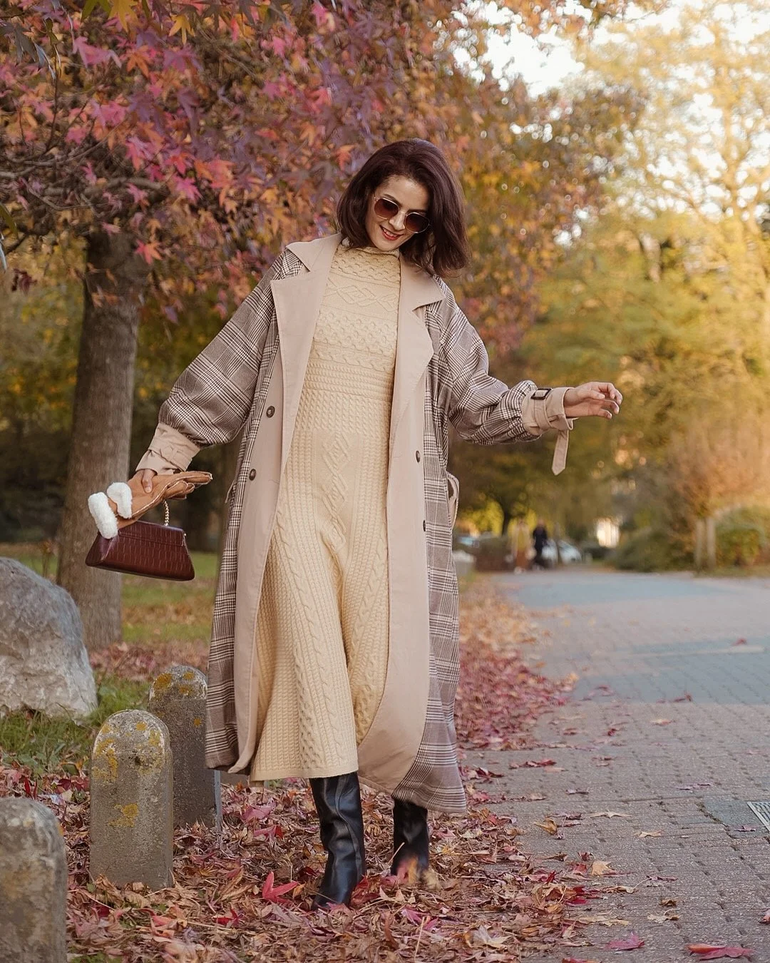 Cozy Cable Knit Dress With Chic Trench Coat