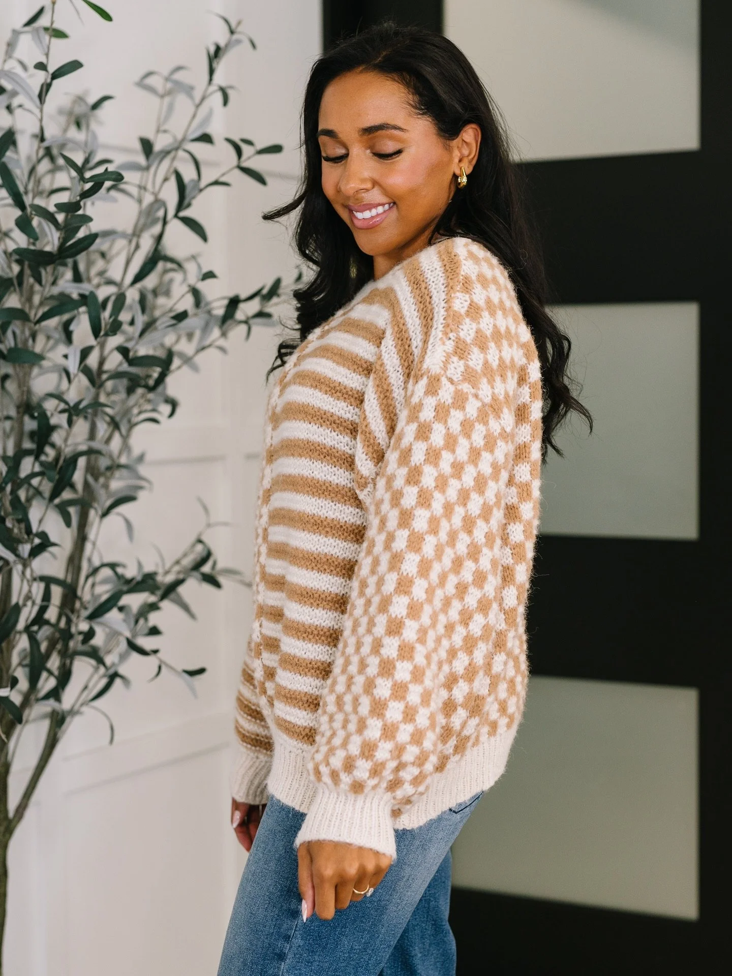 Cozy Checkerboard Knit With Classic Blue Denim