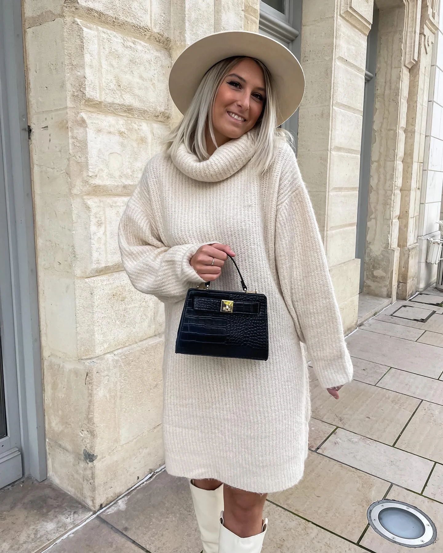 Cozy Cream Knit Sweater Dress With White Boots