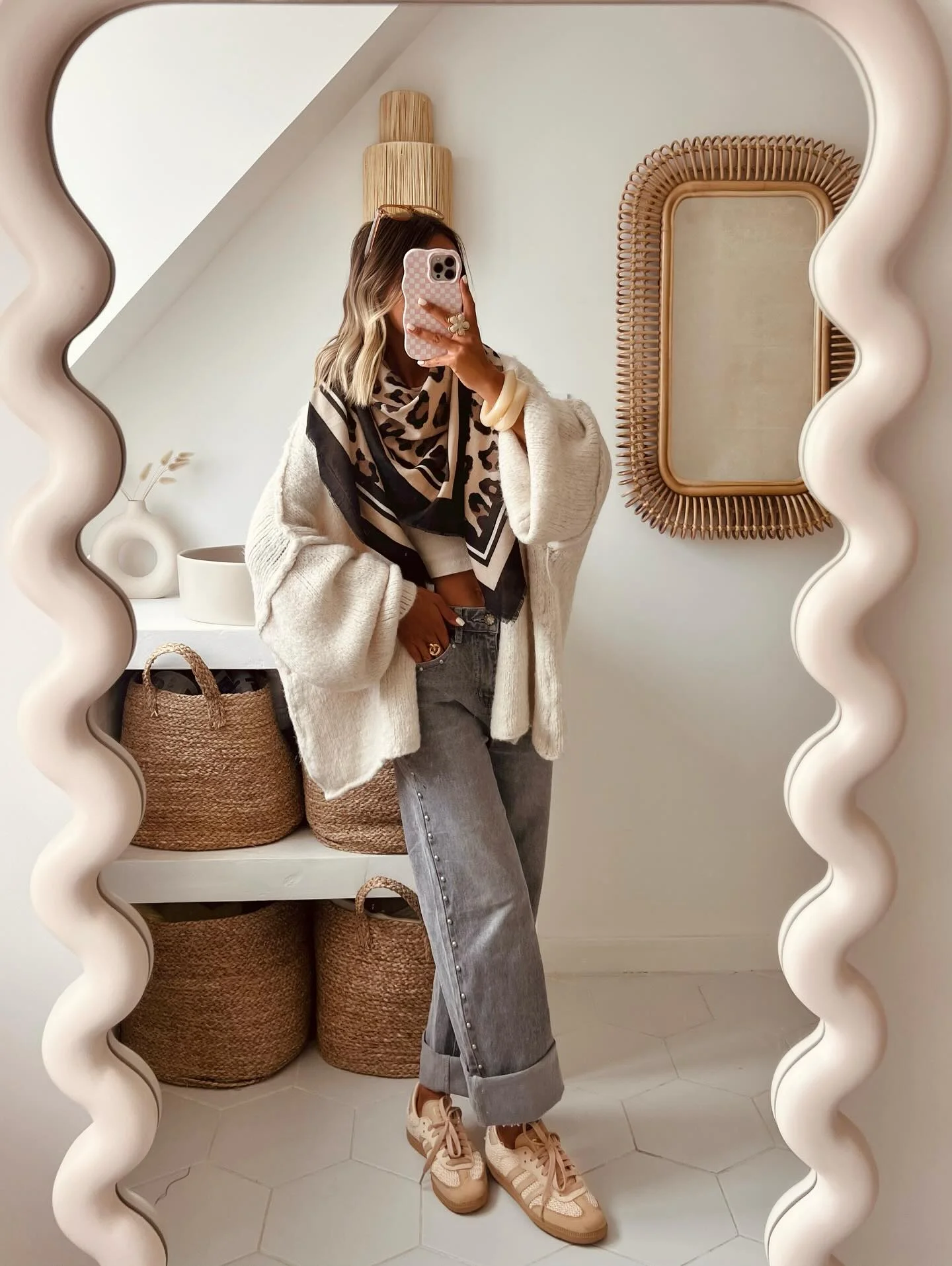 Cozy Cream Knit With Grey Cuffed Jeans And Sneakers