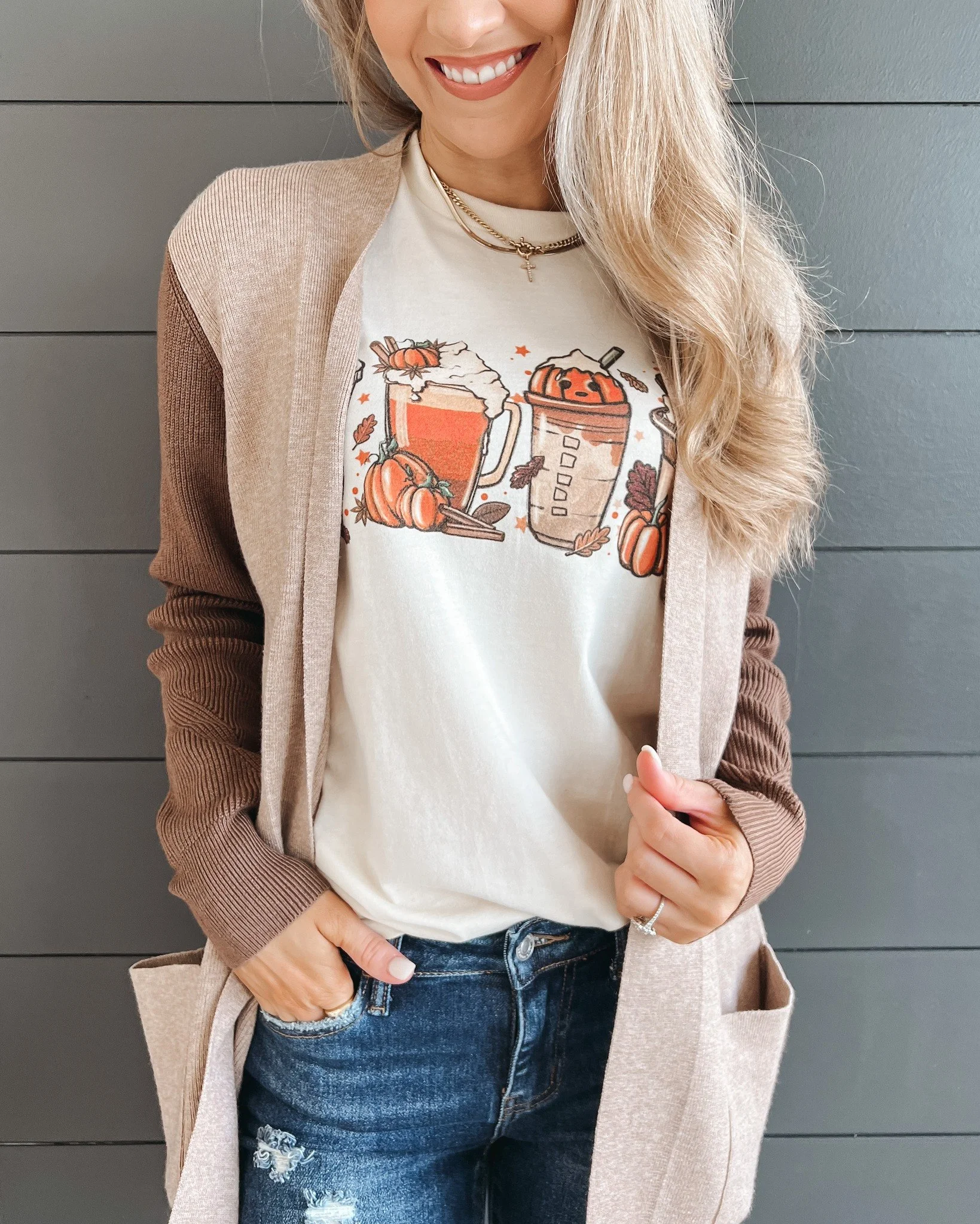 Cozy Fall Graphic Tee And Colorblock Cardigan Combo