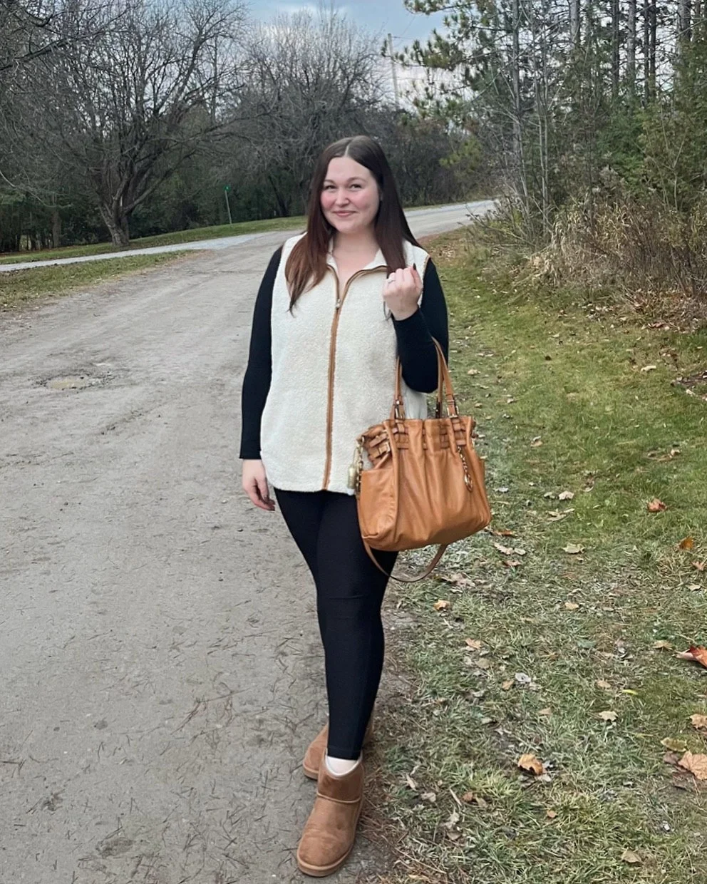 Cozy Fleece Vest With Black Leggings And Ankle Boots