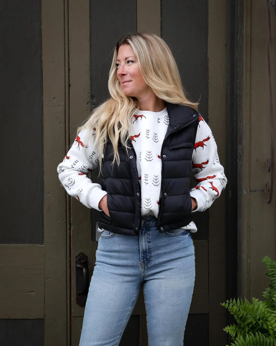 Cozy Fox Print Sweater With Puffer Vest