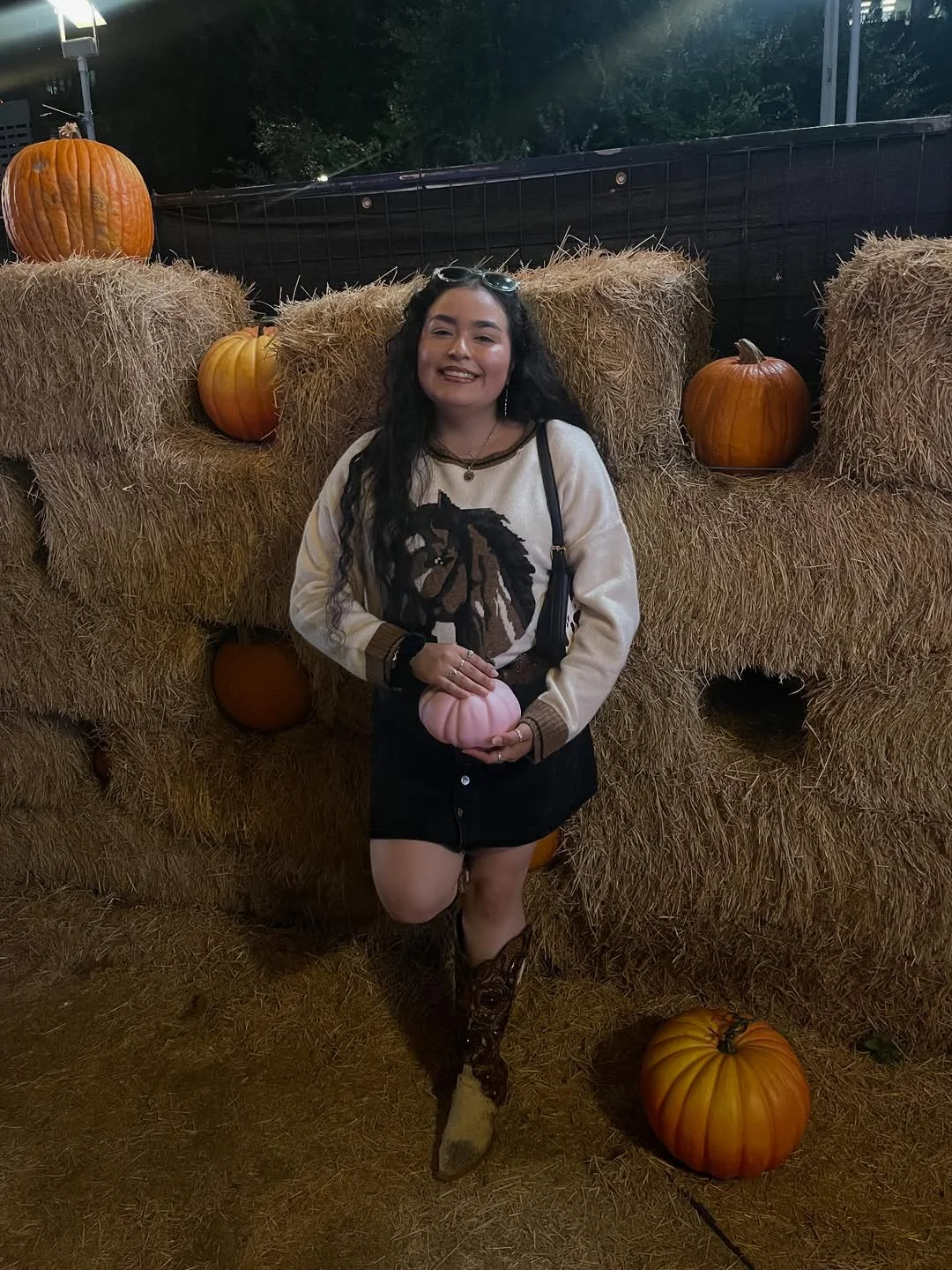 Cozy Horse Graphic Sweater & Denim Skirt