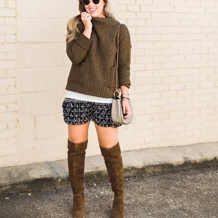 Cozy Knit Sweater With Printed Shorts & Boots