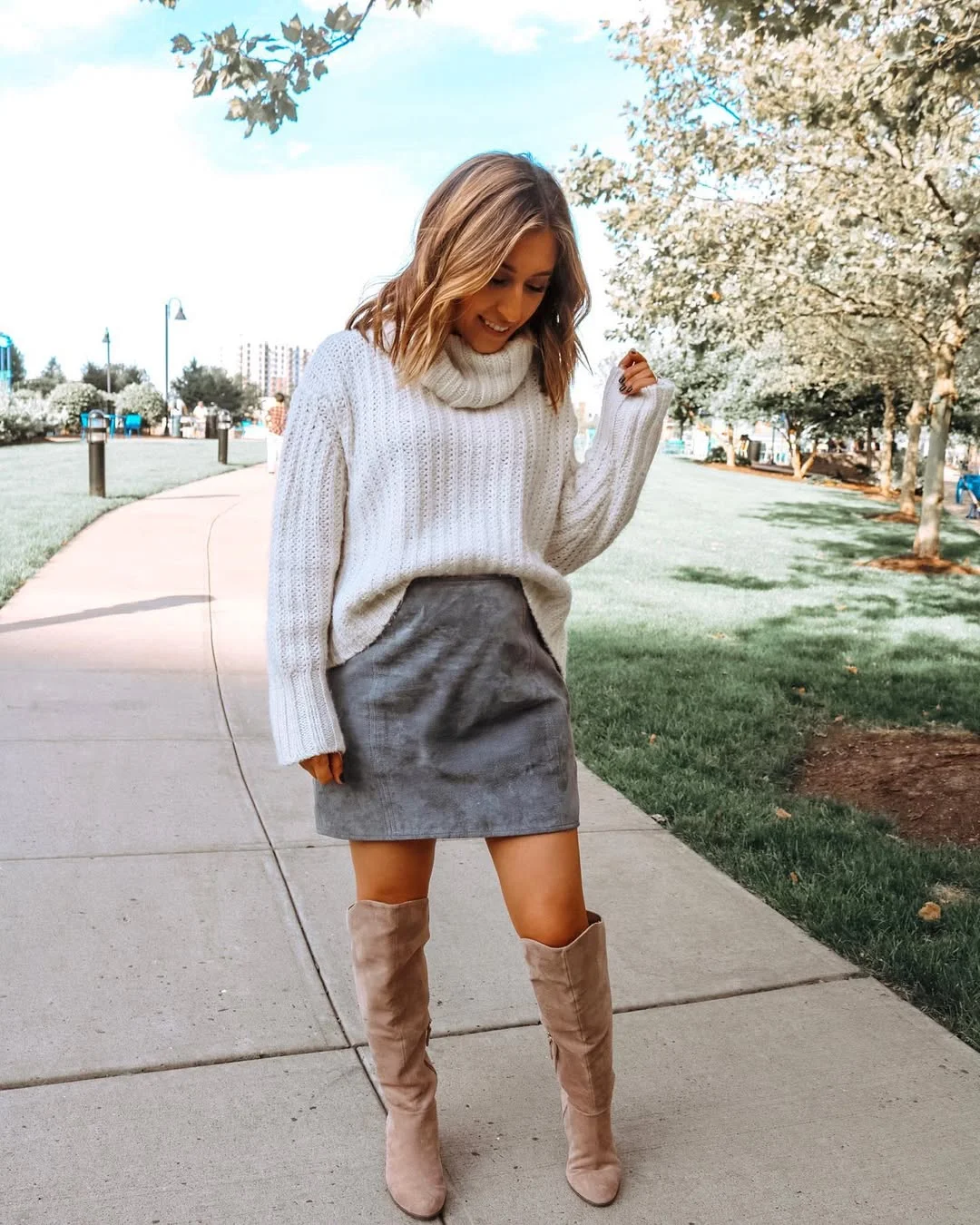 Cozy Knit Turtleneck With Suede Skirt And Boots