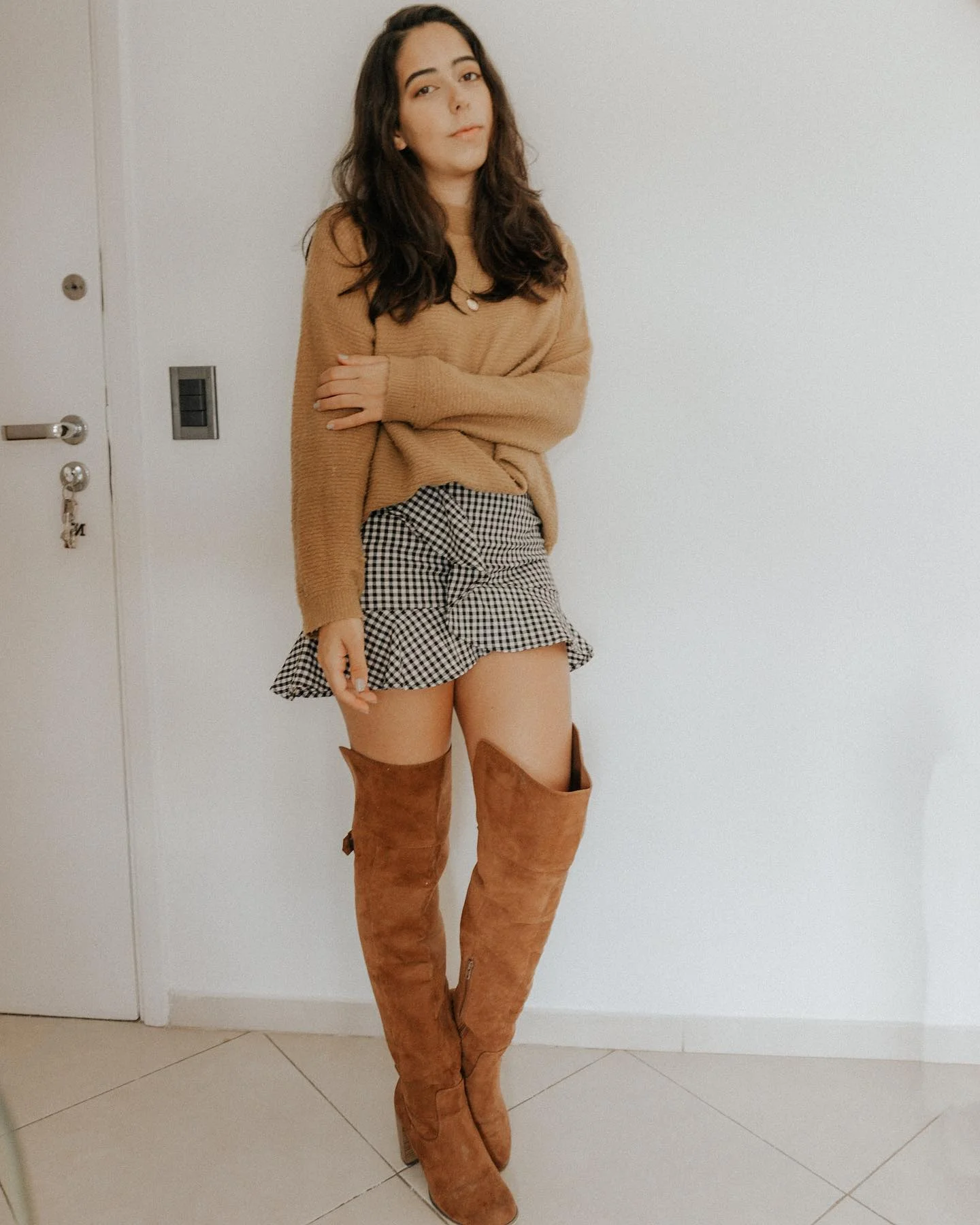 Cozy Knit With Gingham Skirt And Boots