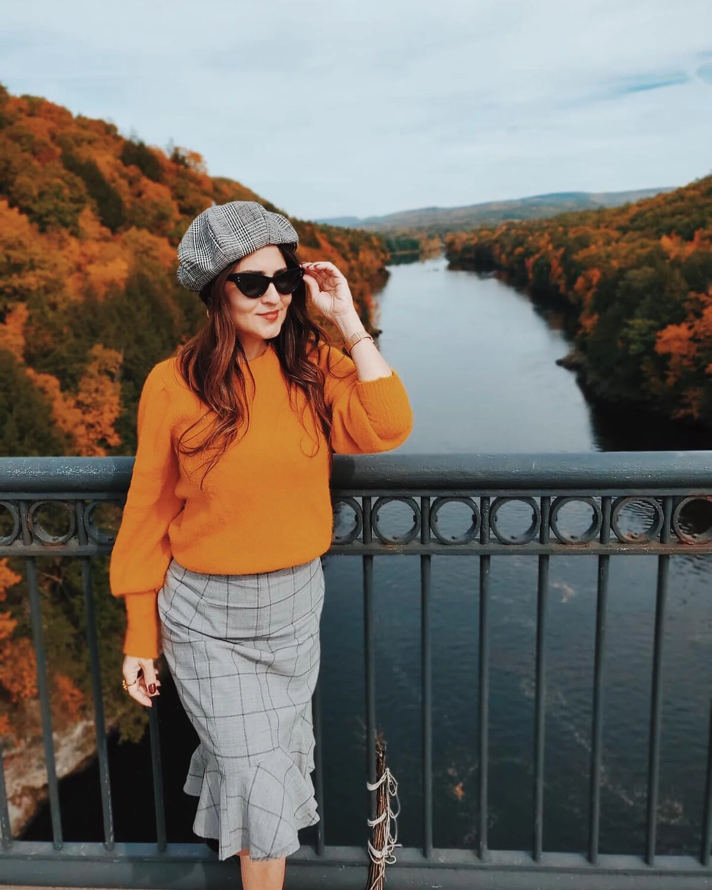 Cozy Orange Sweater With Plaid Midi Skirt