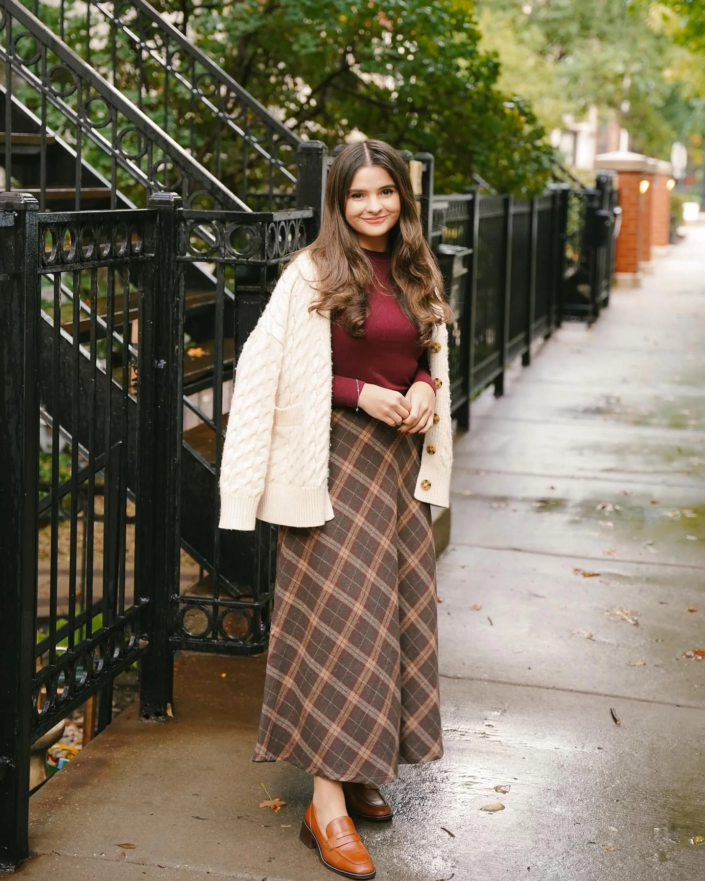Cozy Plaid Maxi Skirt With Cable Knit Cardigan