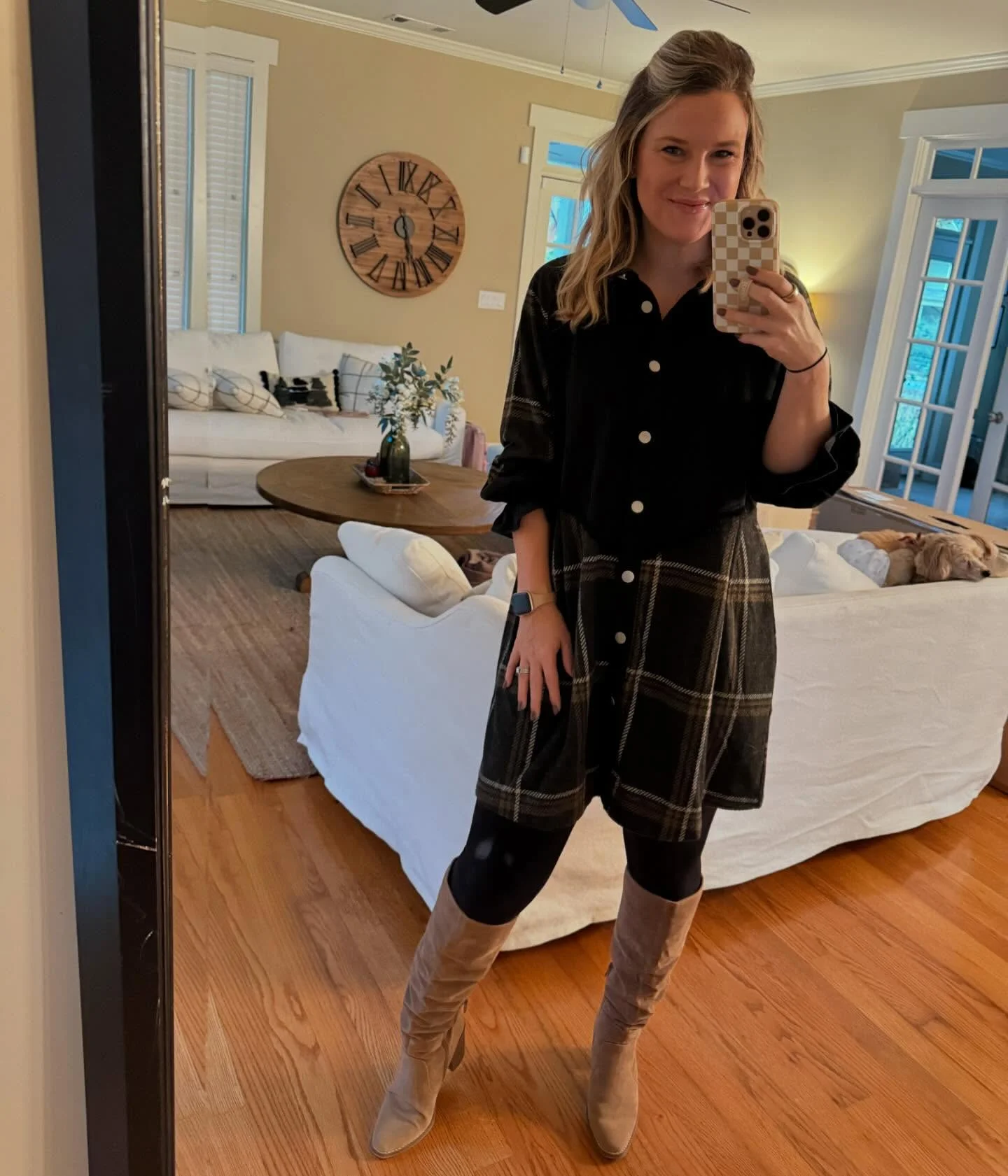 Cozy Plaid Shirt Dress With Knee-High Boots
