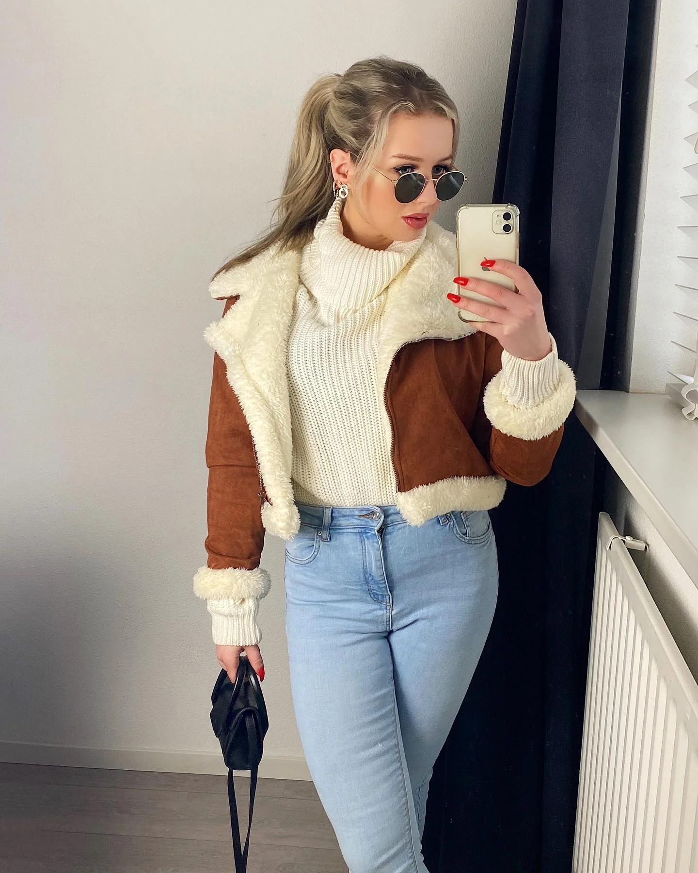 Cozy Shearling Jacket And Turtleneck Sweater Look
