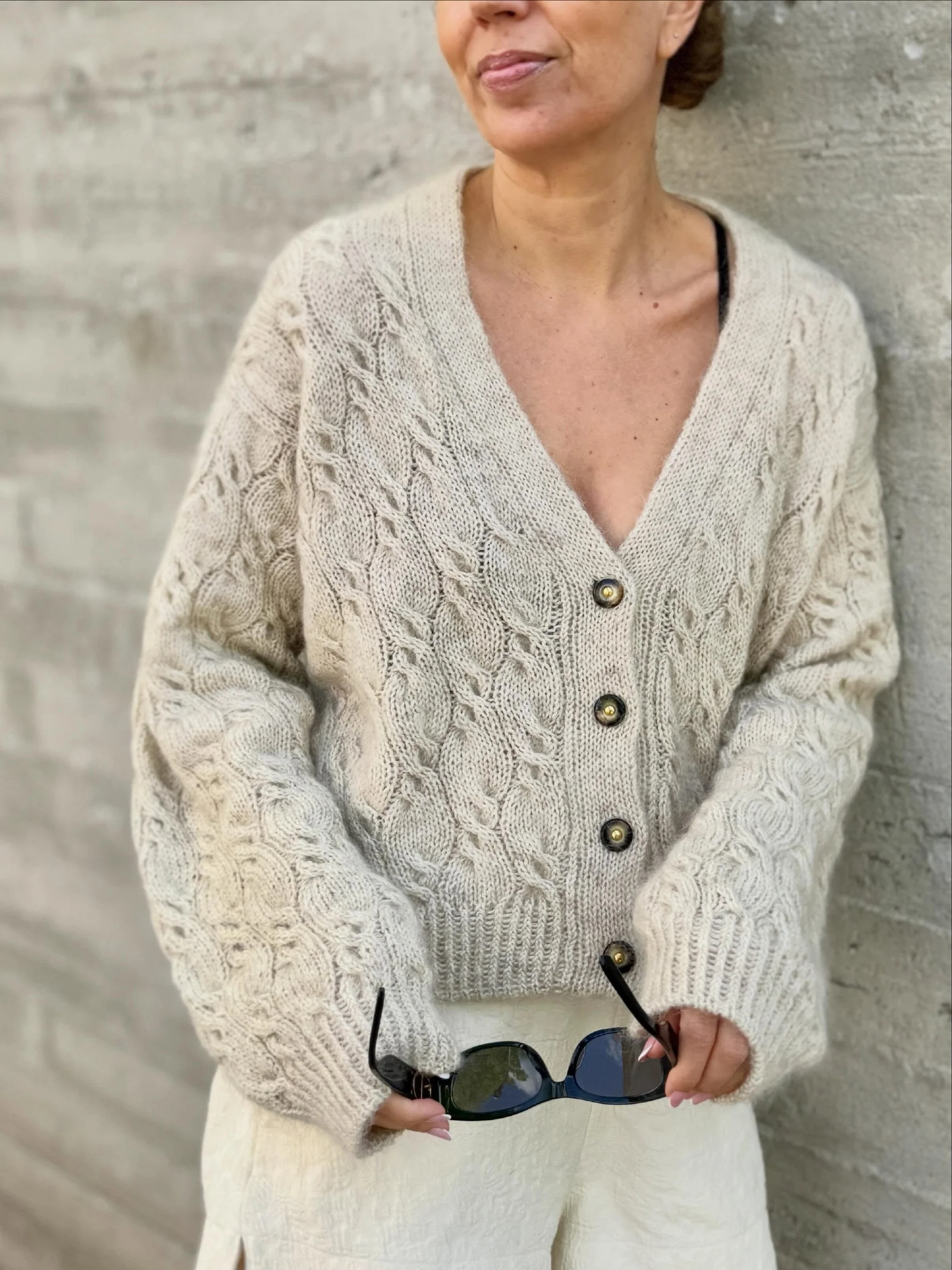 Cream Cable Knit Cardigan With Textured White Trousers