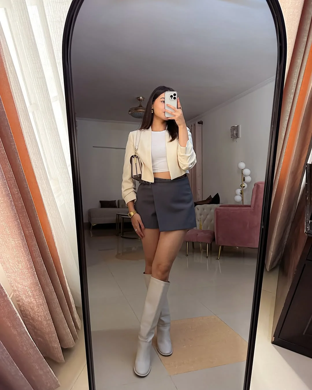 Cream Cropped Blazer With Grey Mini Skirt Look