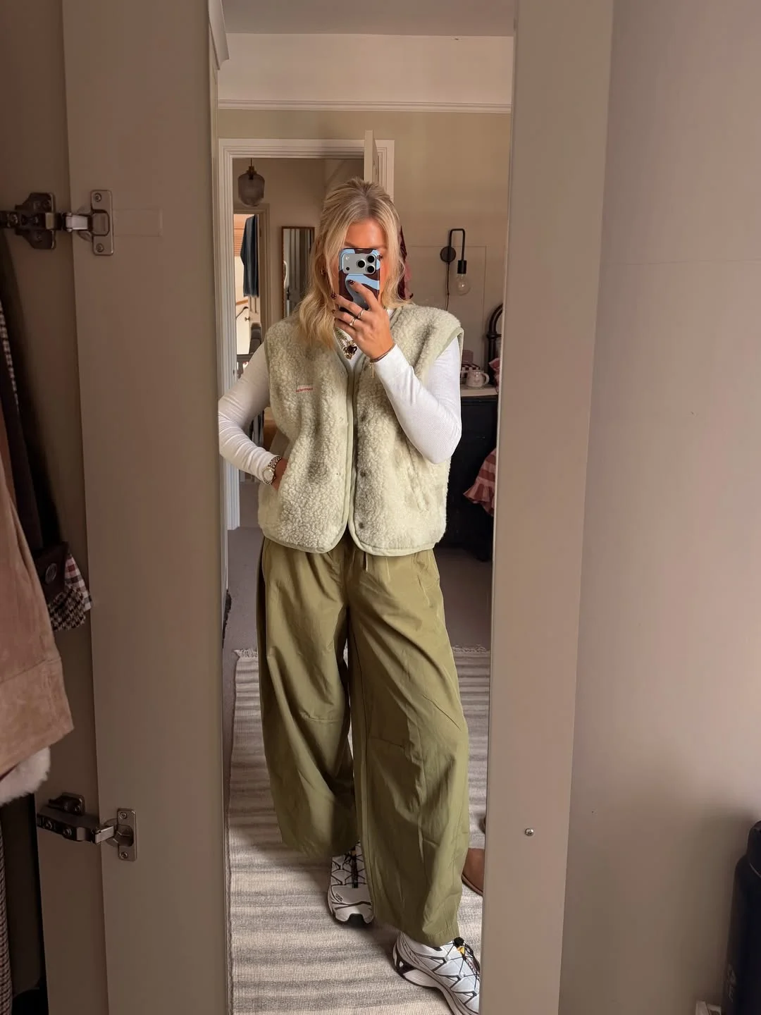 Cream Fleece Vest With Olive Wide Leg Cargo Pants