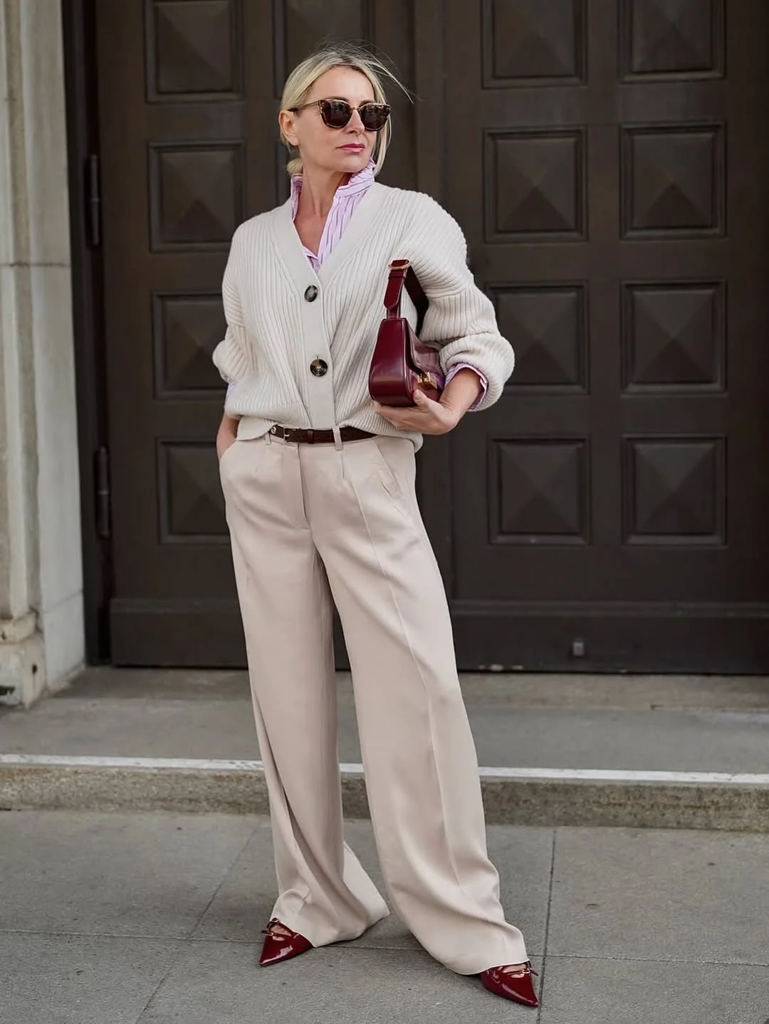 Cream Knit Cardigan With Wide Leg Trousers