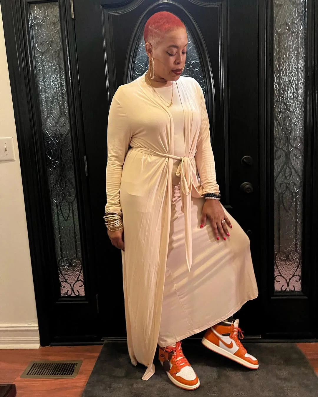 Cream Maxi Dress with Statement Sneakers