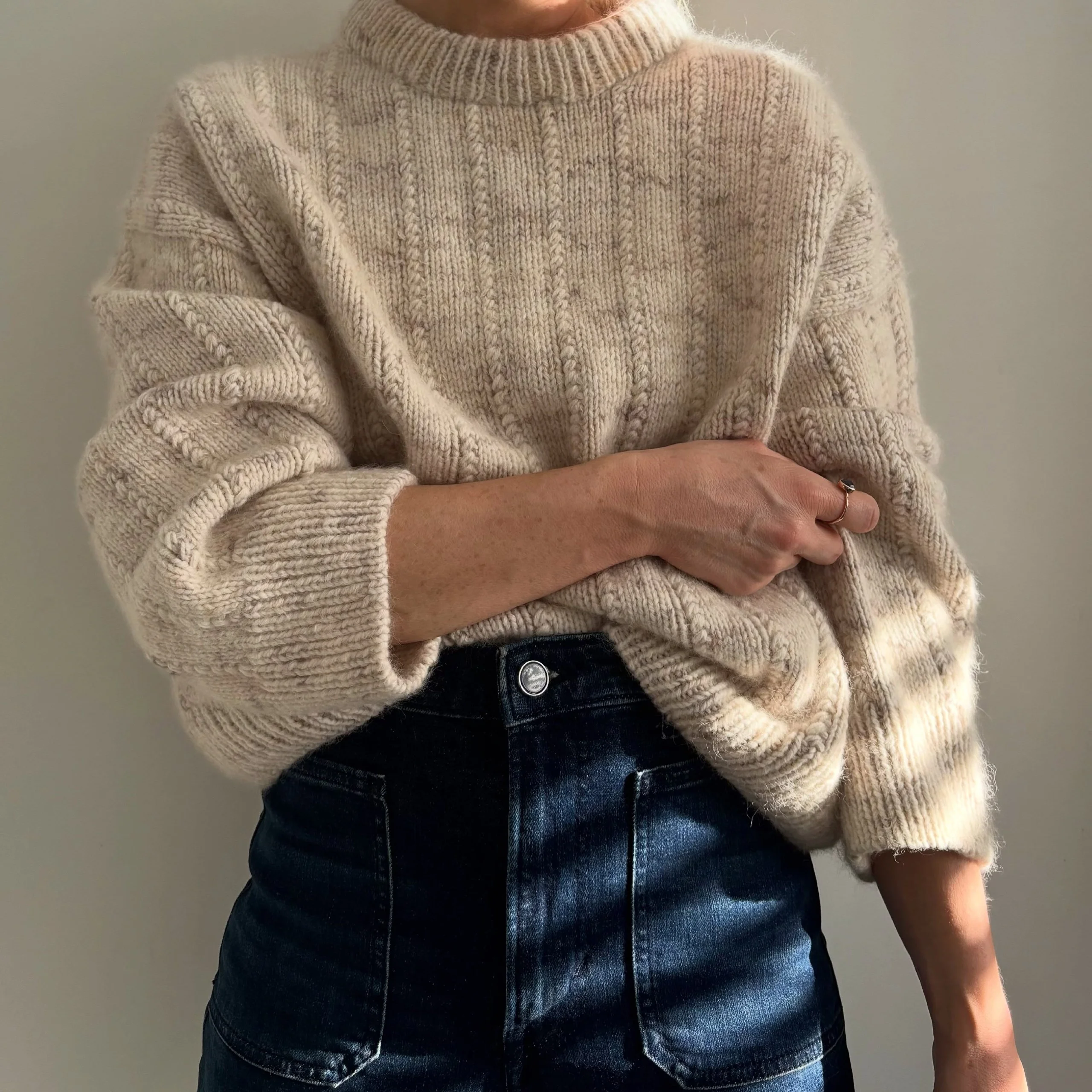 Cream Textured Knit with Dark Wash Wide Leg Jeans