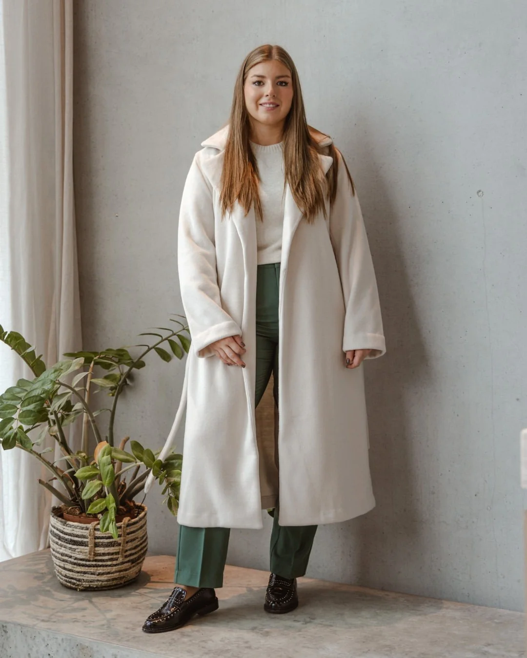 Cream Wool Coat With Emerald Trousers