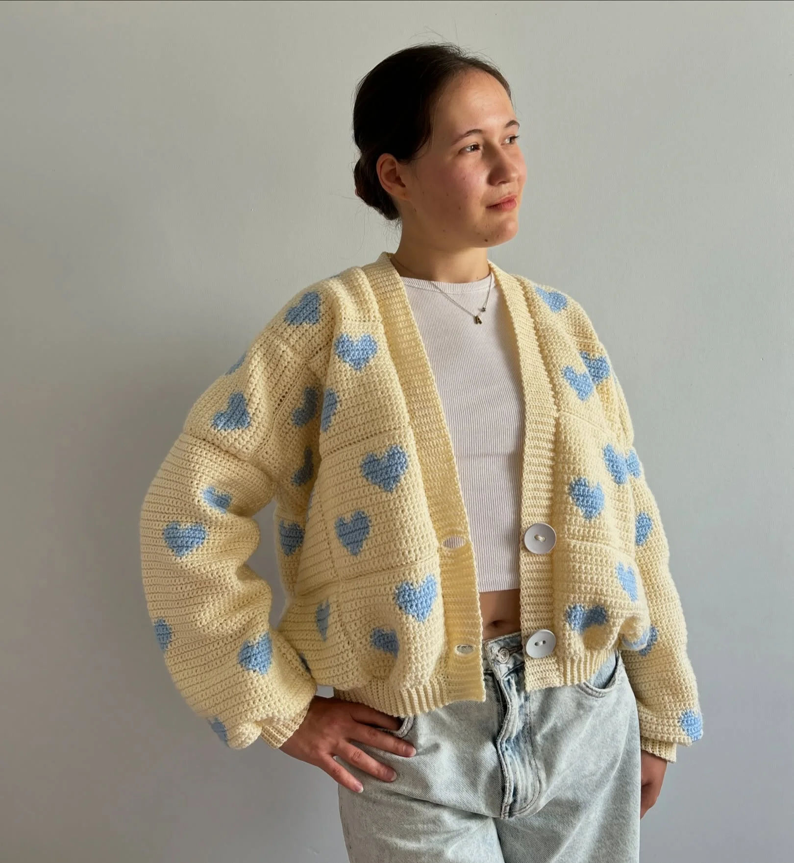 Crochet Heart Cardigan With Vintage Wash Jeans