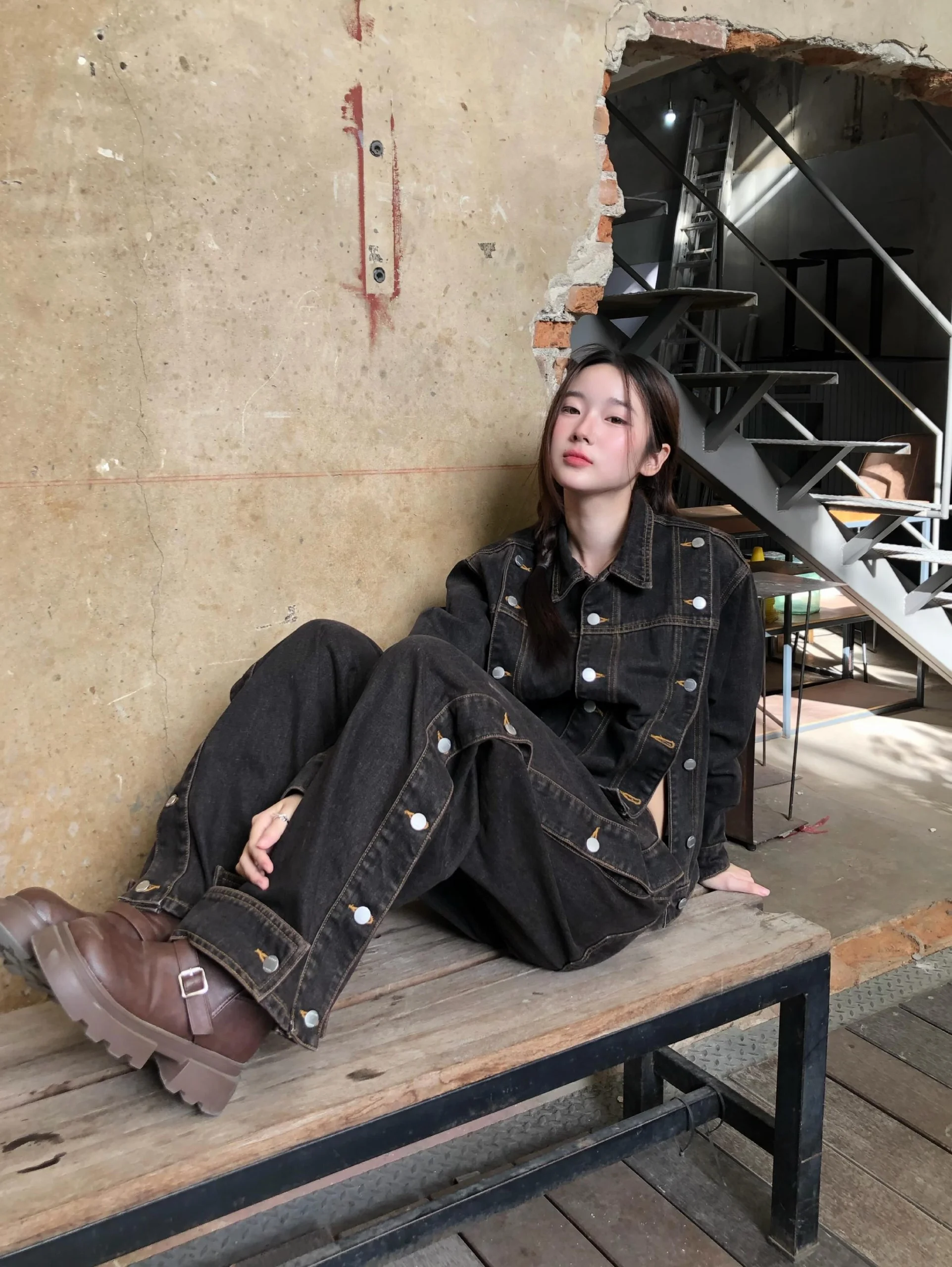 Dark Wash Denim Co-ord With Chunky Boots
