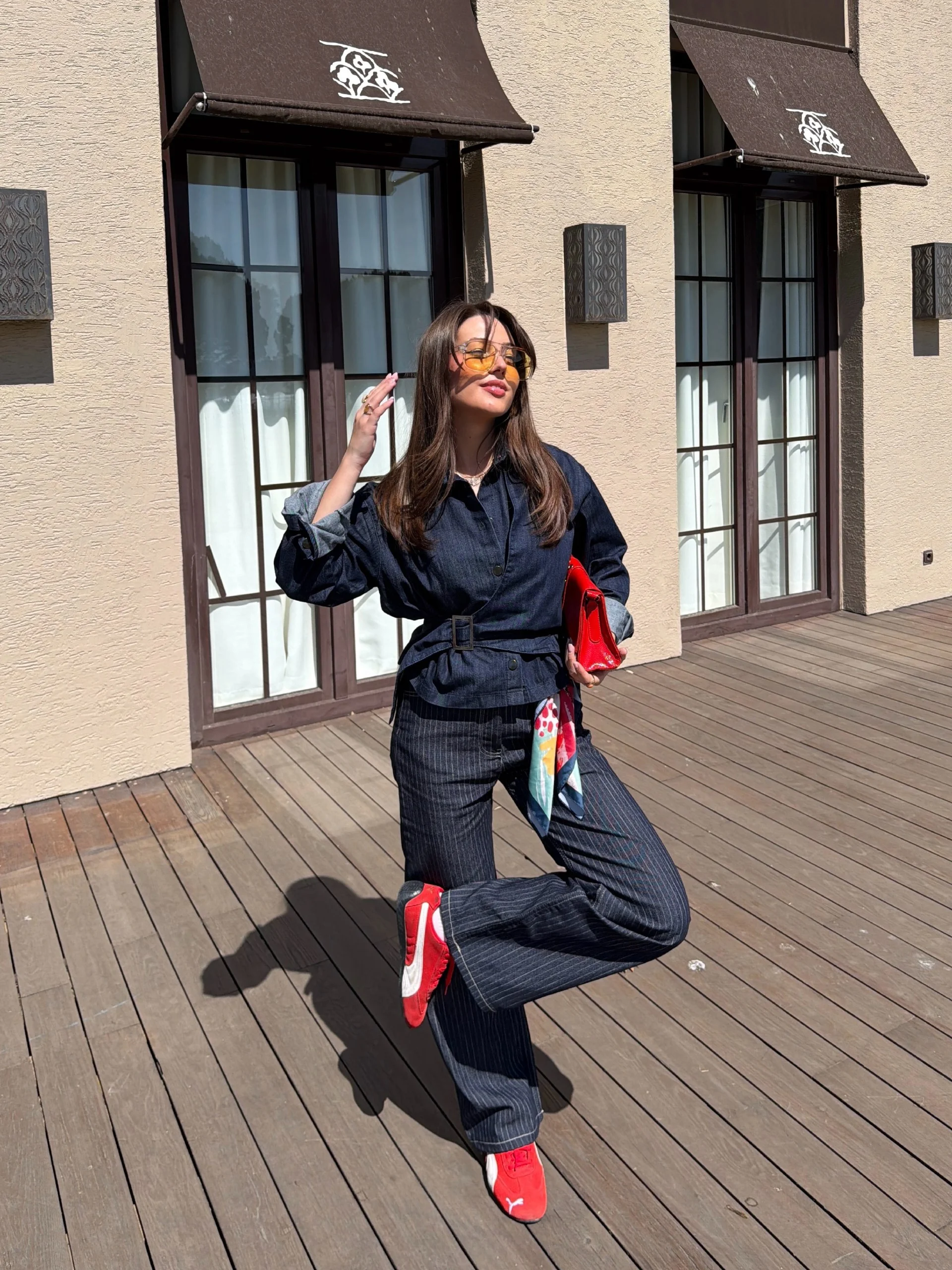 Dark Wash Denim Utility Jumpsuit With Red Accents