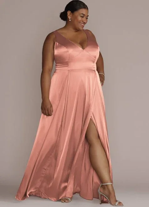 David's Bridal Charmeuse Tank V-Neck Dress with Slit
