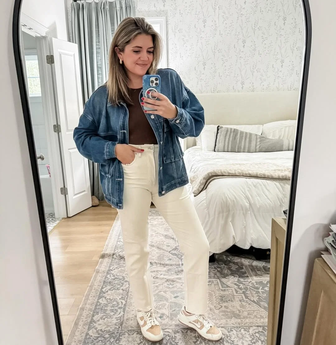 Denim Jacket And Cream Trouser Casual Fall Look