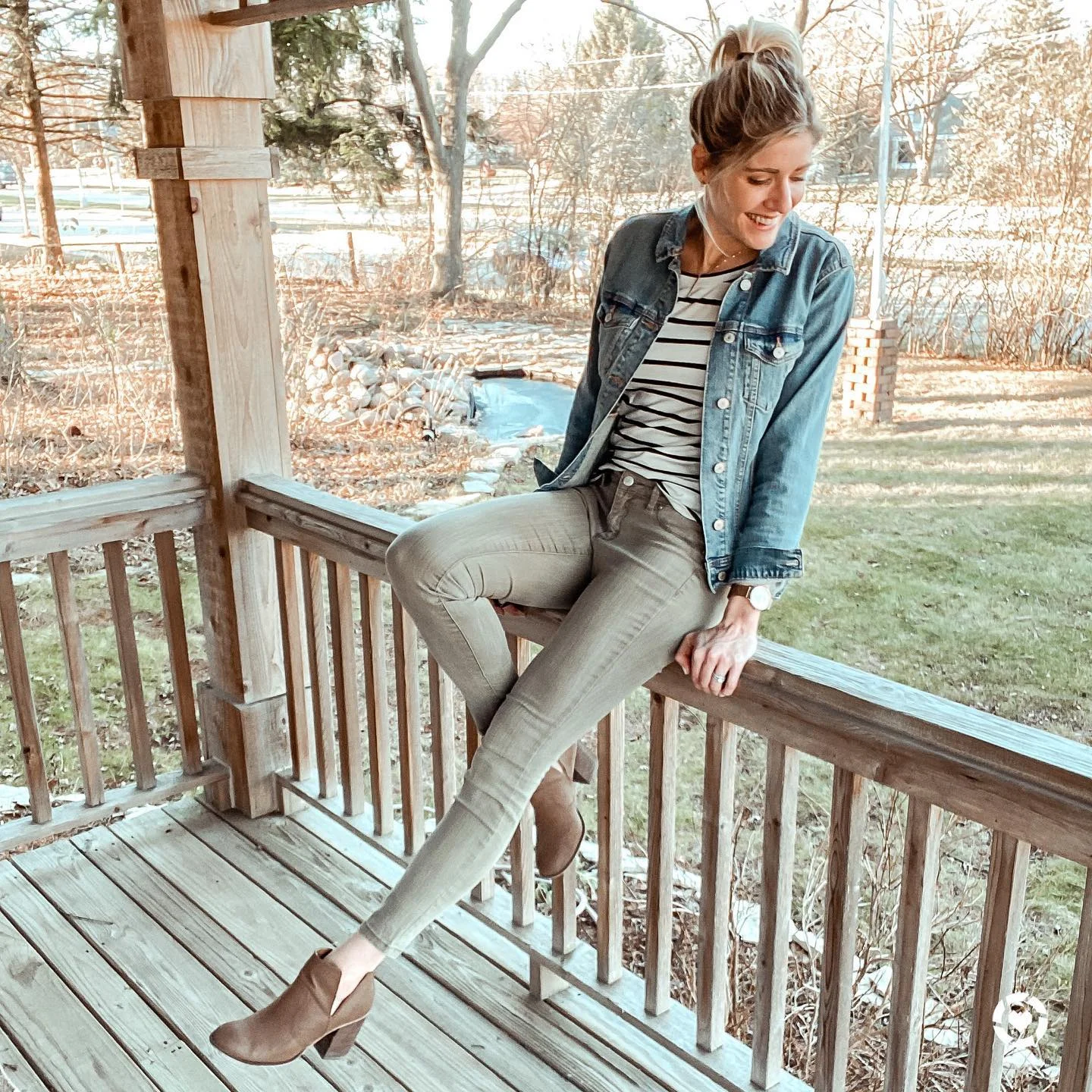 Denim Jacket And Olive Skinny Jean Casual Style