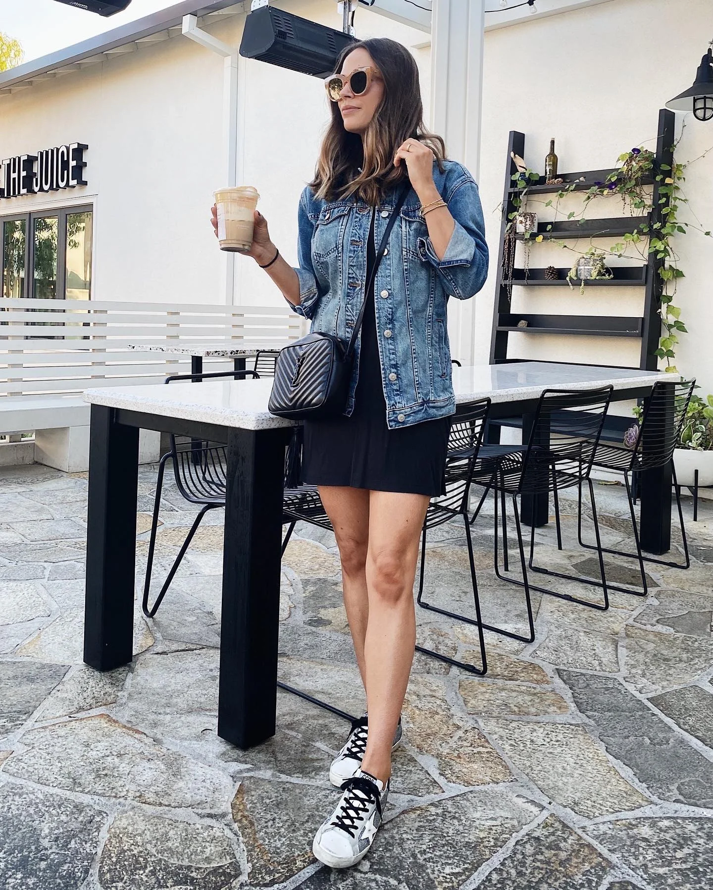 Denim Jacket Casual Mini Dress And Sneakers Look