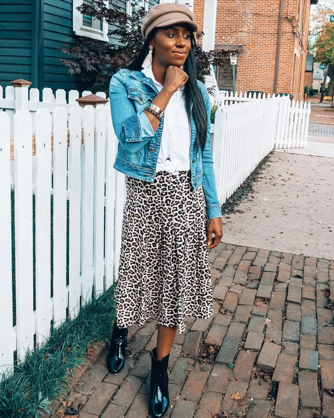 Denim Jacket Leopard Midi Skirt Outfit