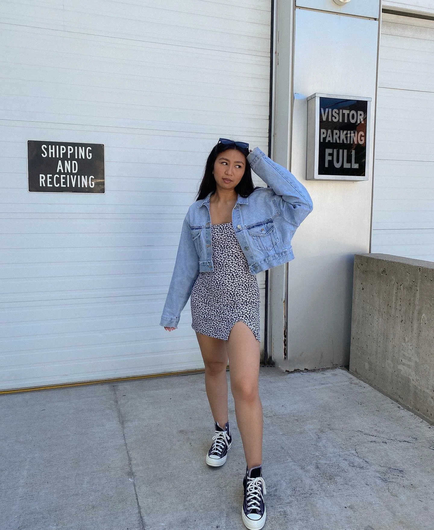 Denim Jacket Over Ditsy Floral Mini Dress