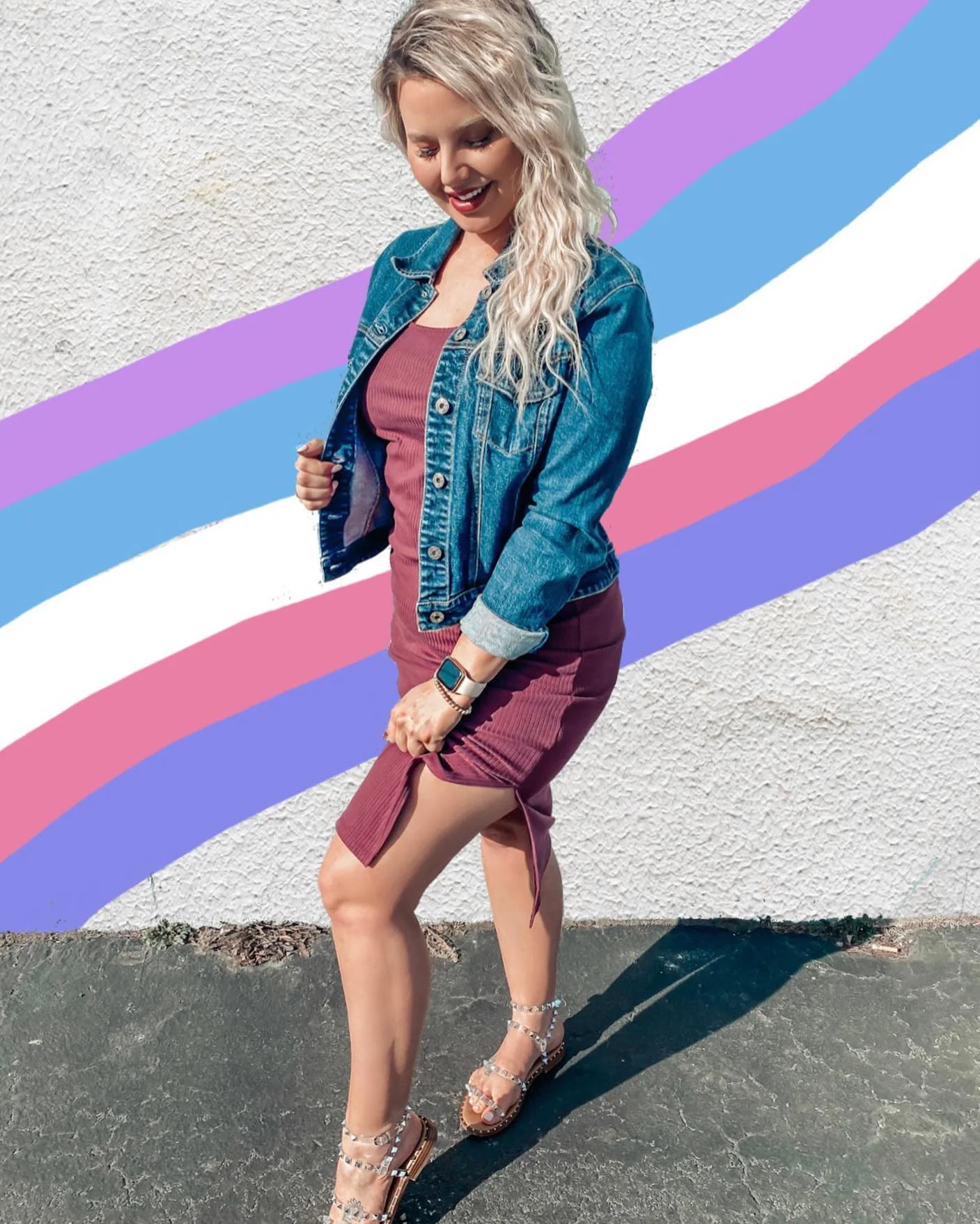 Denim Jacket Over Ribbed Knit Dress And Studded Sandals