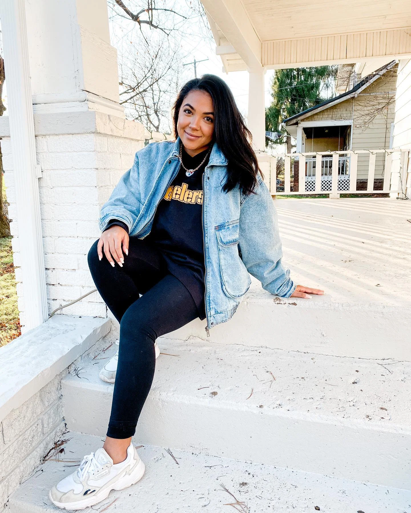 Denim Jacket With Athleisure Sweatshirt And Leggings