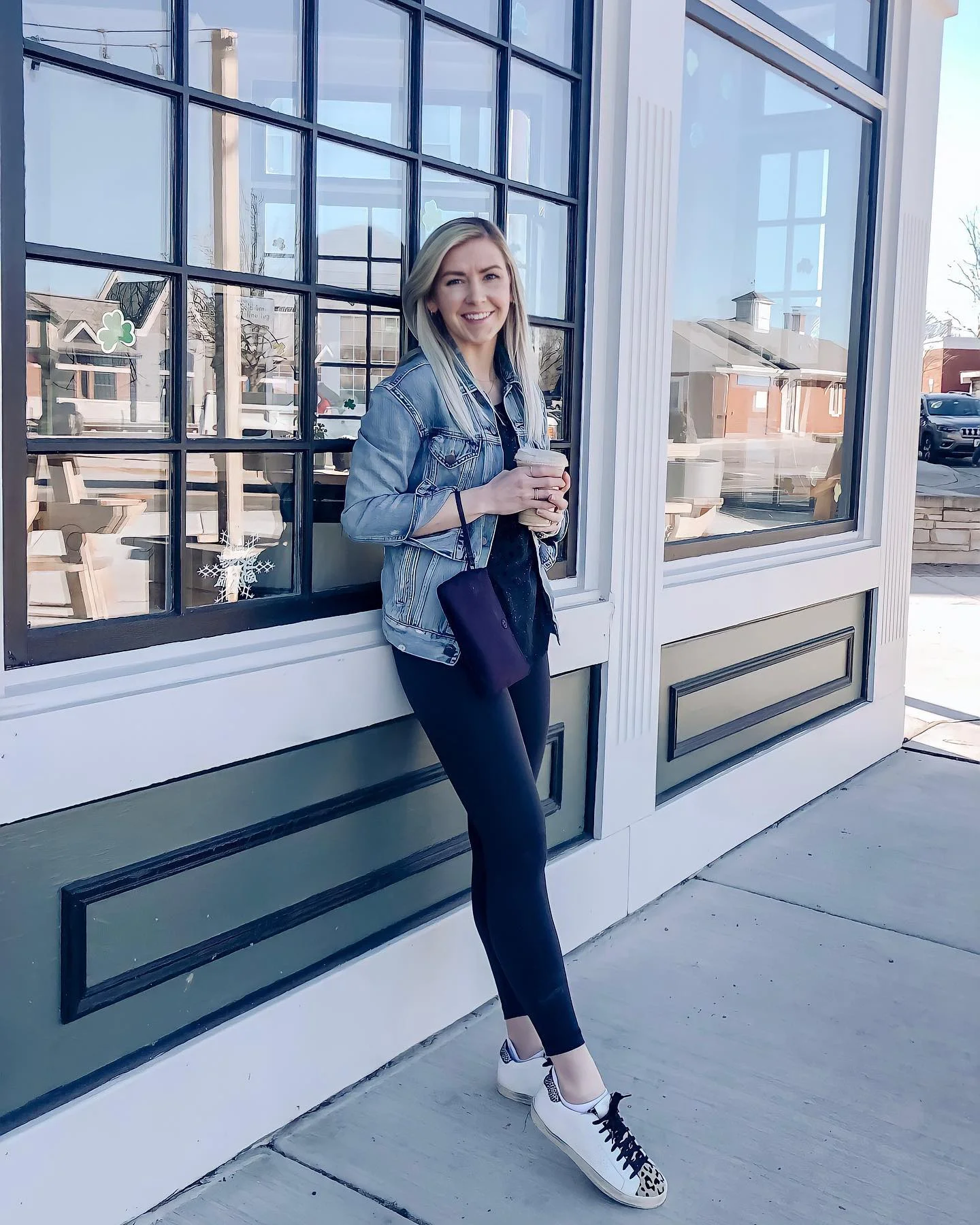 Denim Jacket With Black Leggings And Cheetah Sneakers
