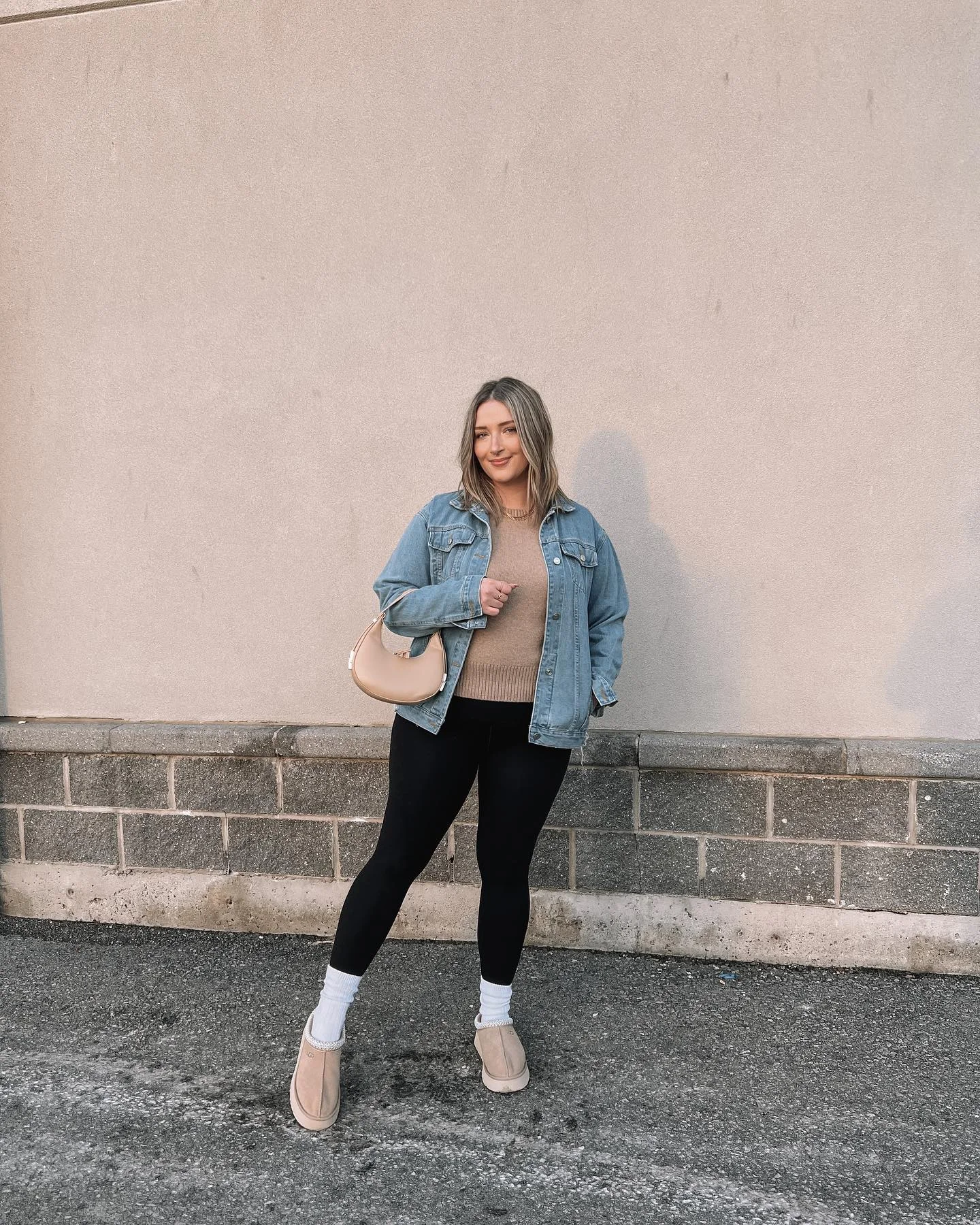 Denim Jacket With Camel Sweater And Black Leggings