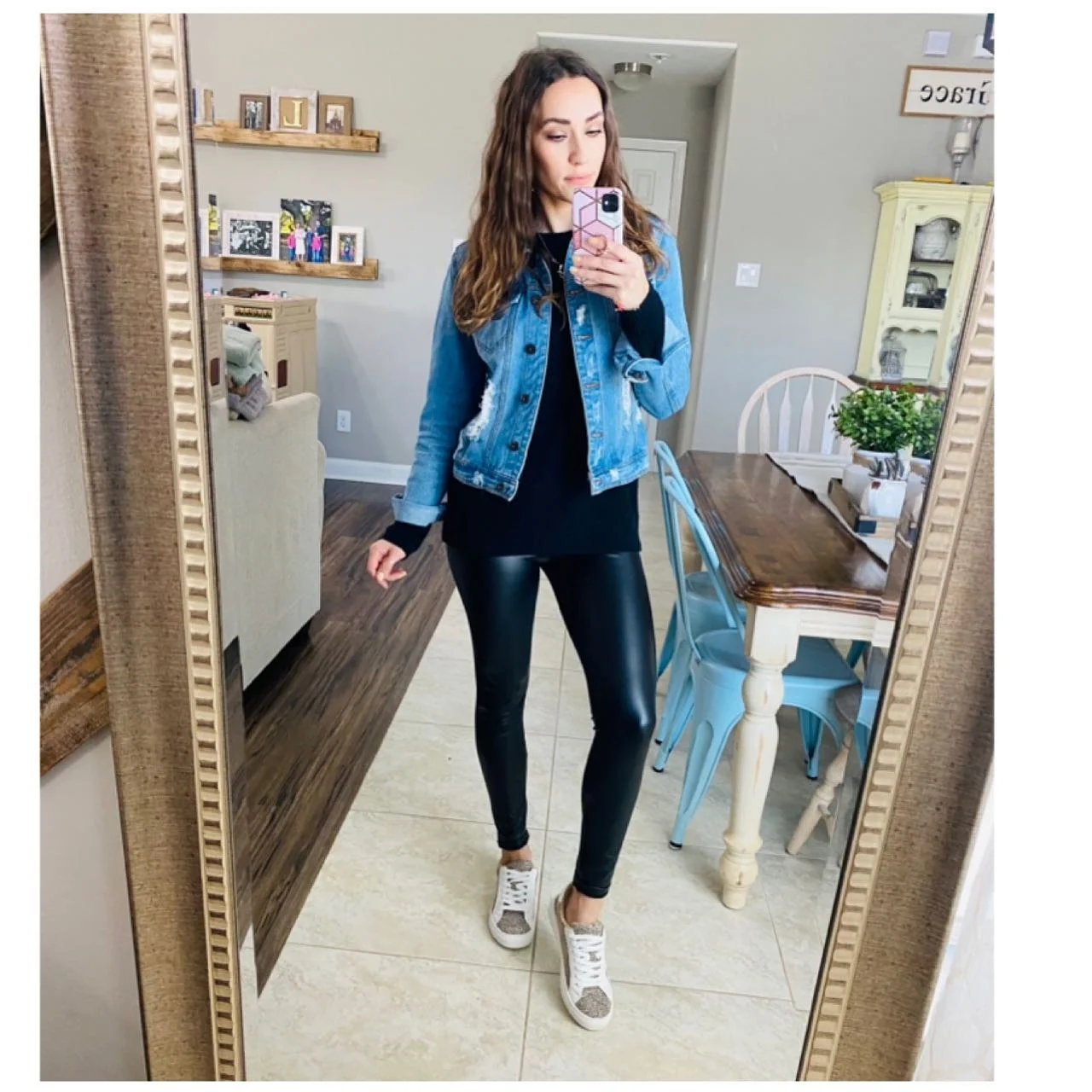 Denim Jacket With Faux Leather Leggings And Sneakers