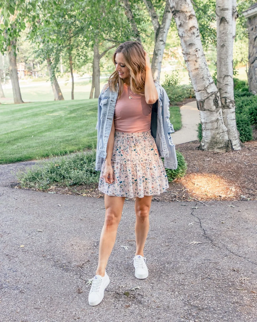 Denim Jacket With Floral Mini Skirt And Sneakers