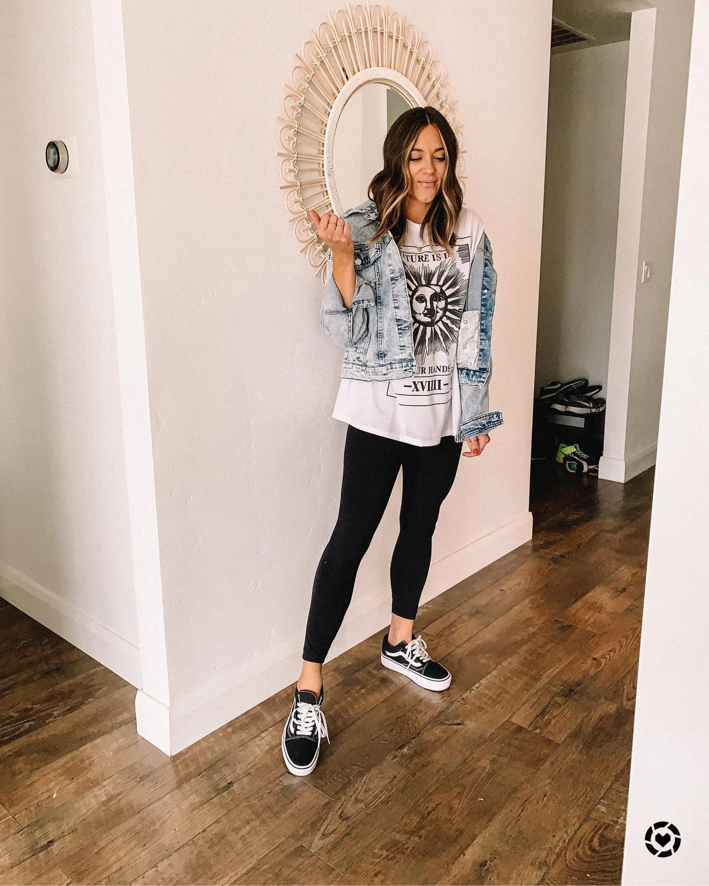 Denim Jacket With Graphic Tee And Leggings