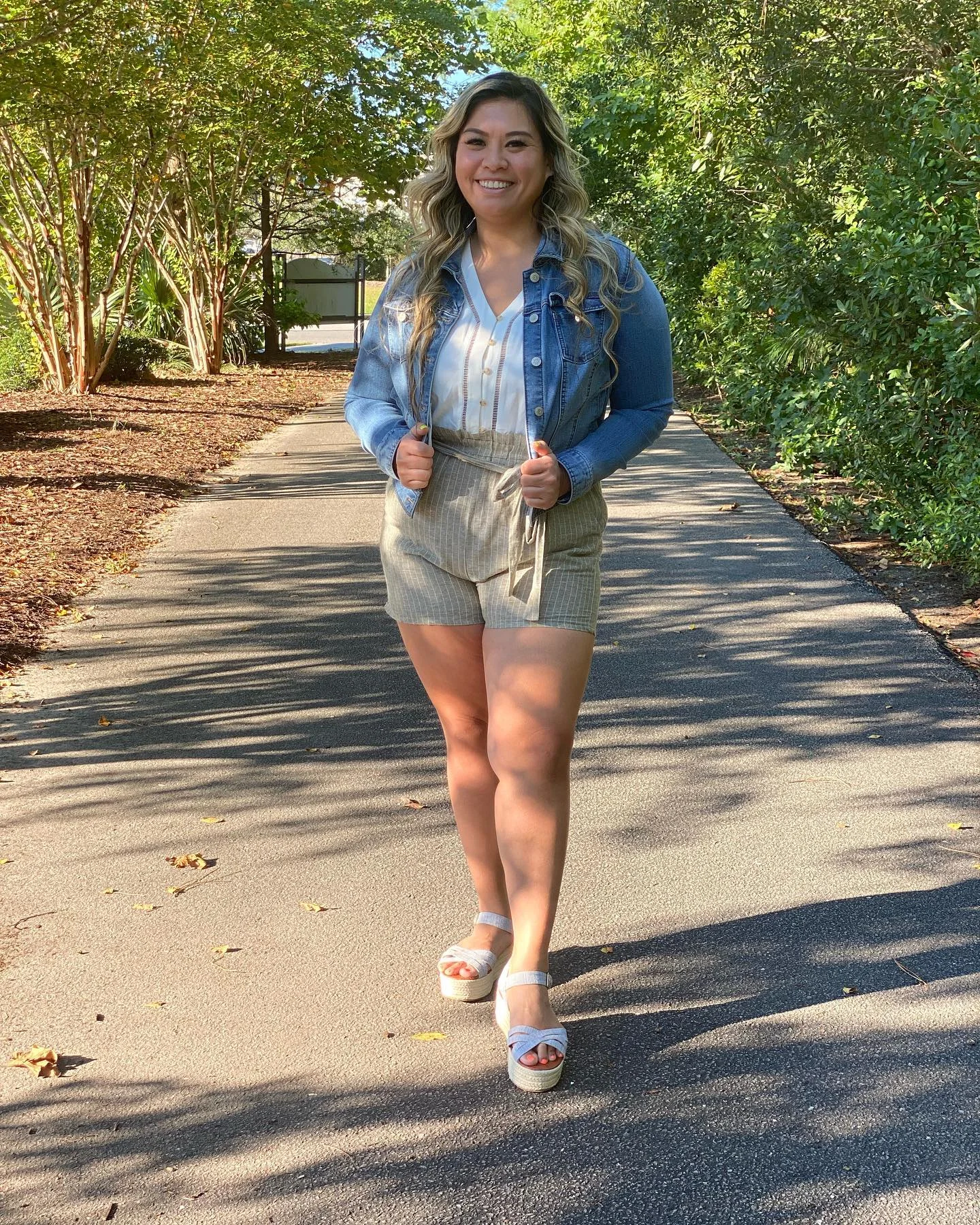 Denim Jacket With Striped Shorts Outfit