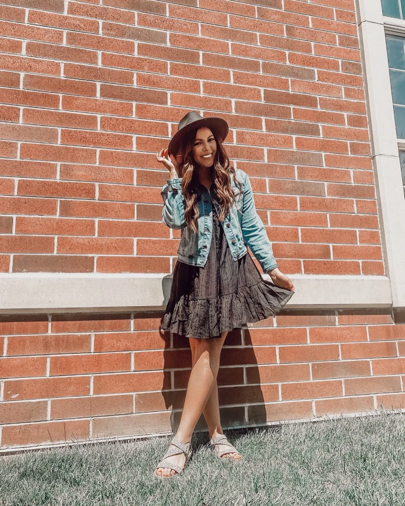 Denim Jacket With Tiered Mini Dress And Hat