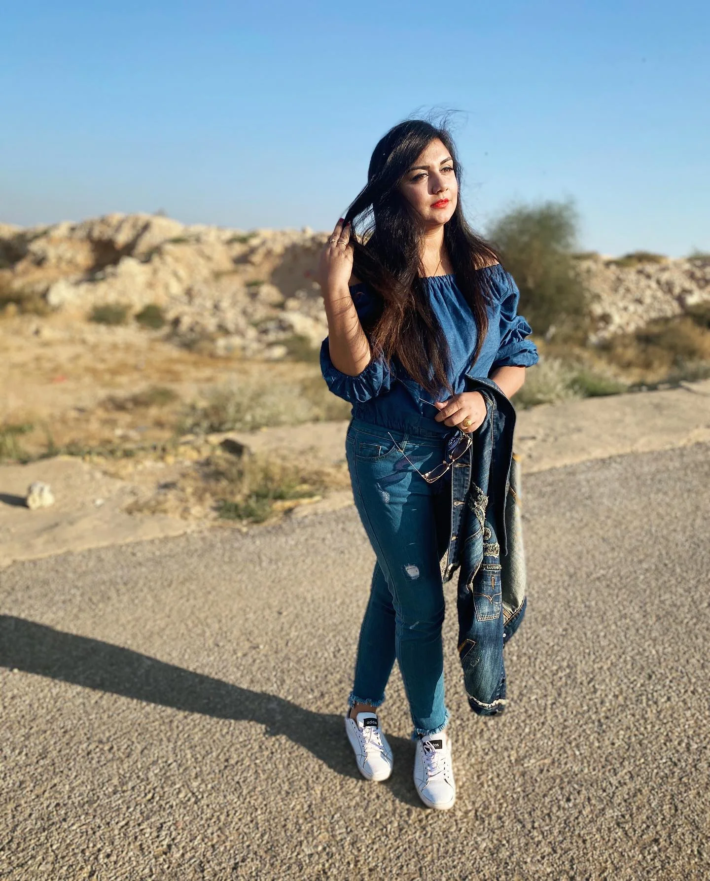 Denim Off-the-Shoulder Top With Distressed Jeans