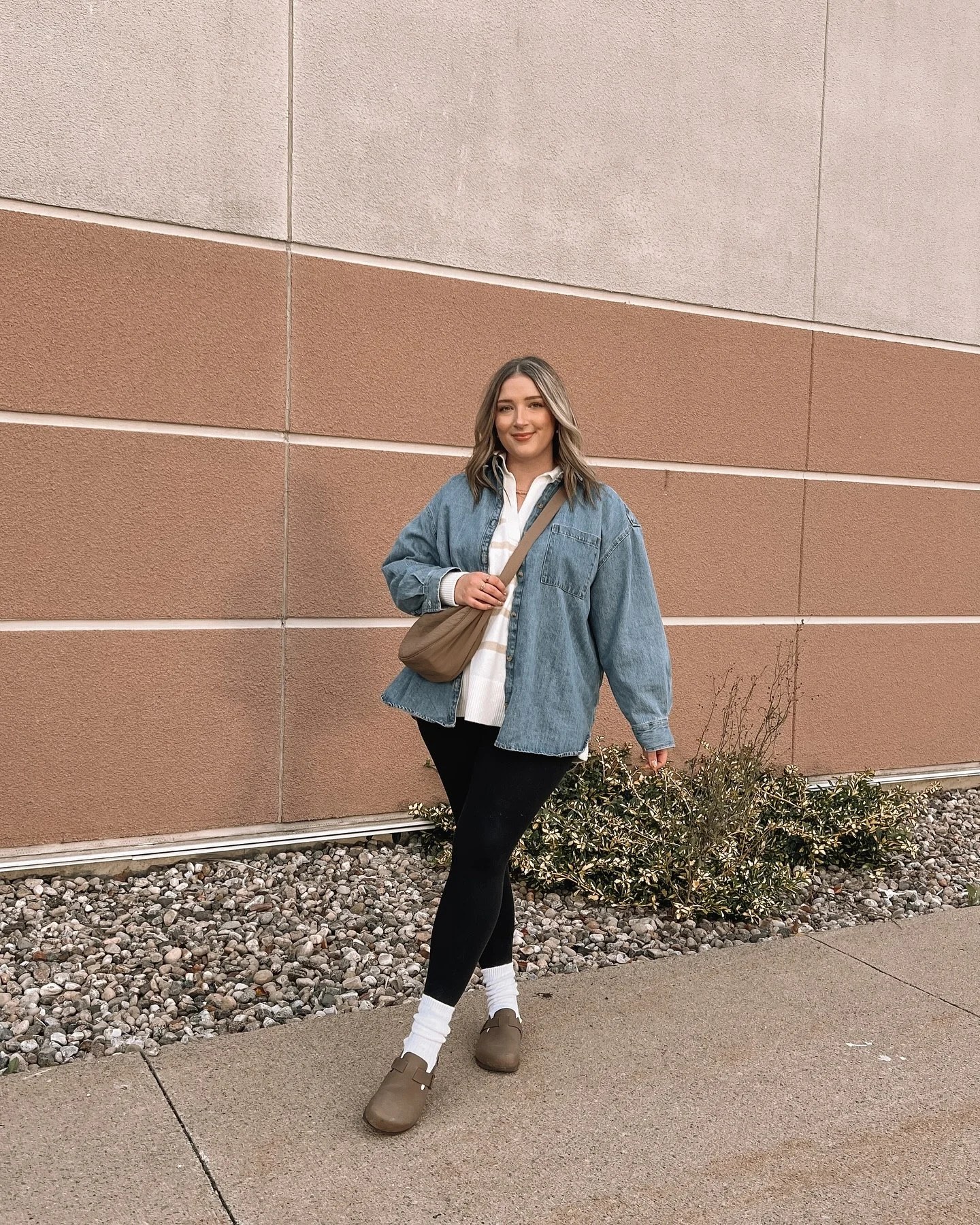 Denim Shacket Over Striped Knit With Black Leggings
