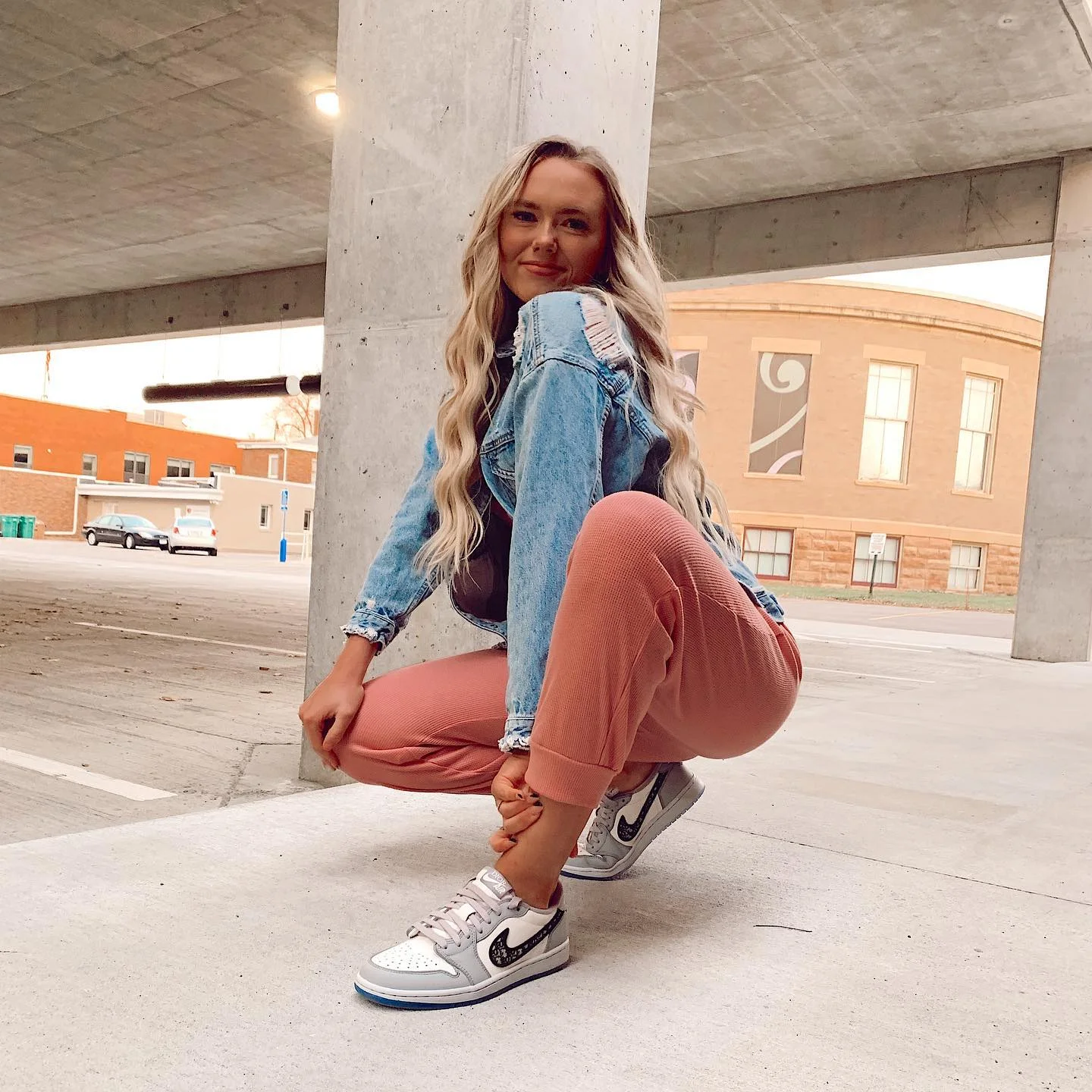 Distressed Denim Jacket With Pink Lounge Pants