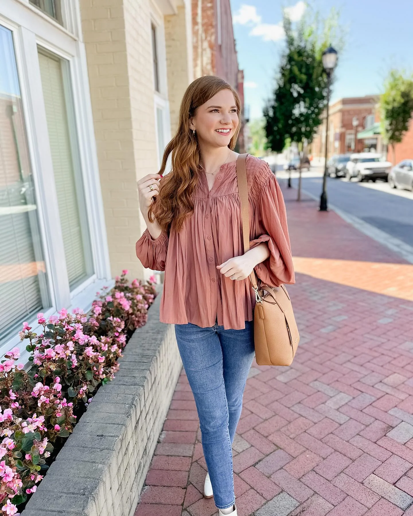 Dusty Rose Blouse With Skinny Jeans & Tan Bag