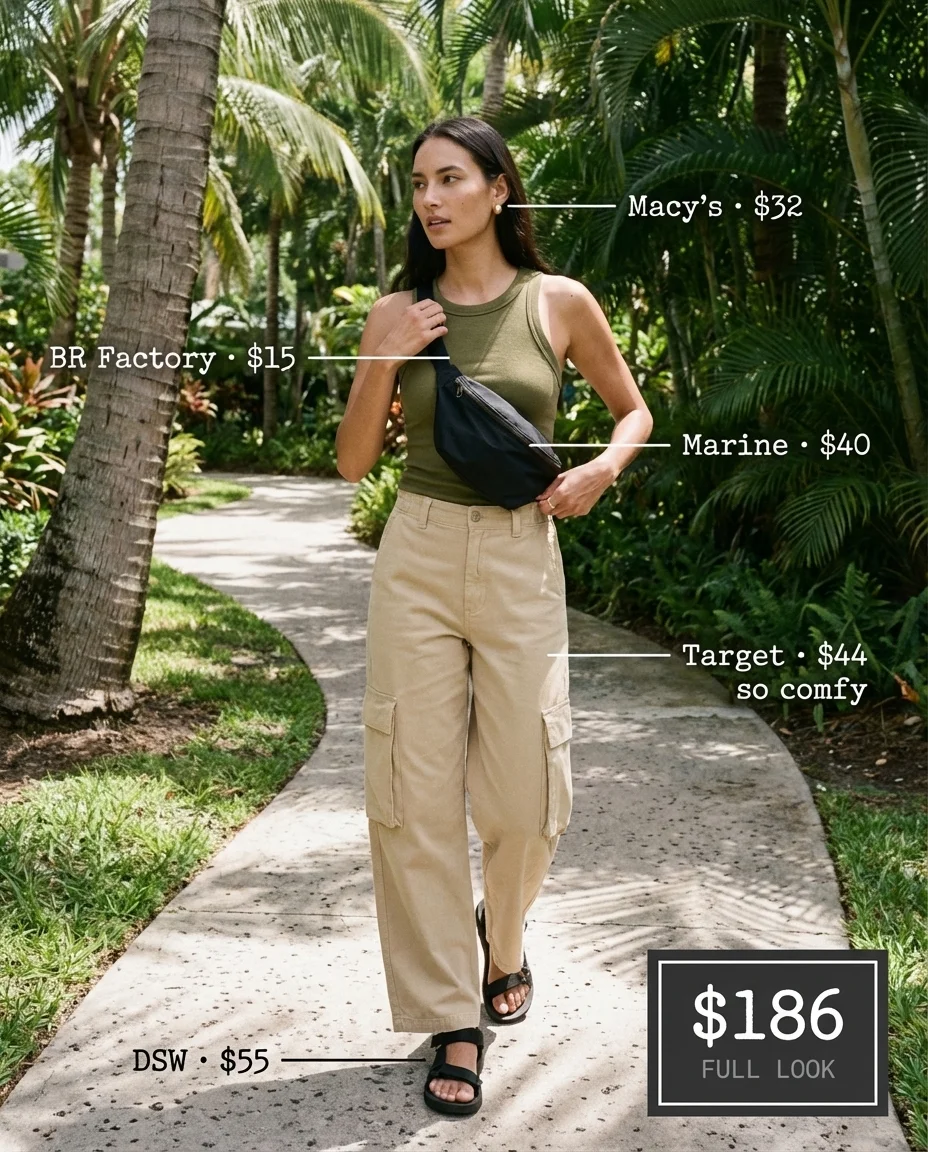 Earthy summer disney outfits for Animal Kingdom: olive cargo pants, ribbed tank, hiking sandals, canvas belt bag, and gold stud earrings.