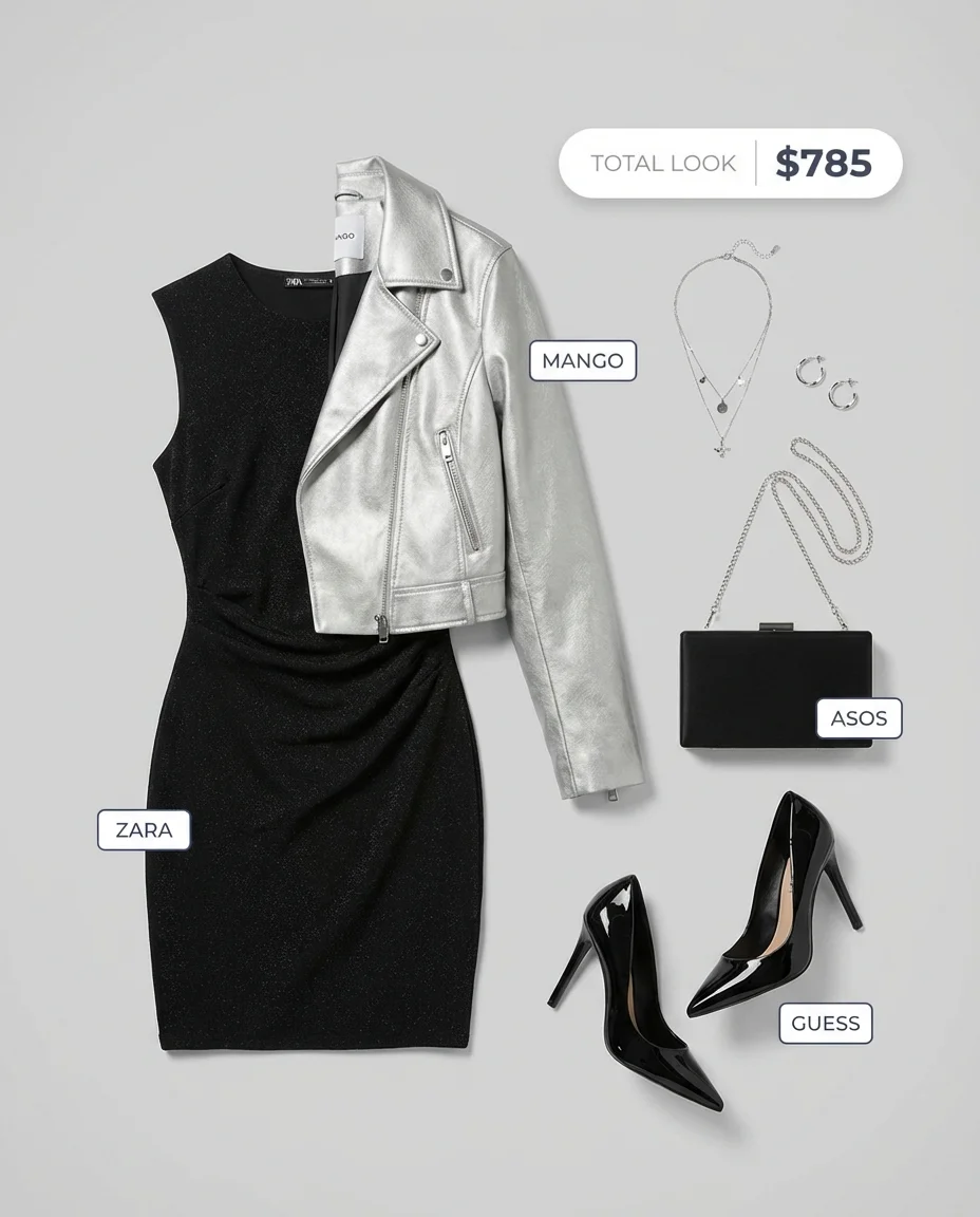 Edgy art gallery outfit featuring charcoal faux leather leggings, a black one-shoulder knit top, silver metallic bag, and pointed-toe ankle boots. Modern summer leggings outfits 2026.