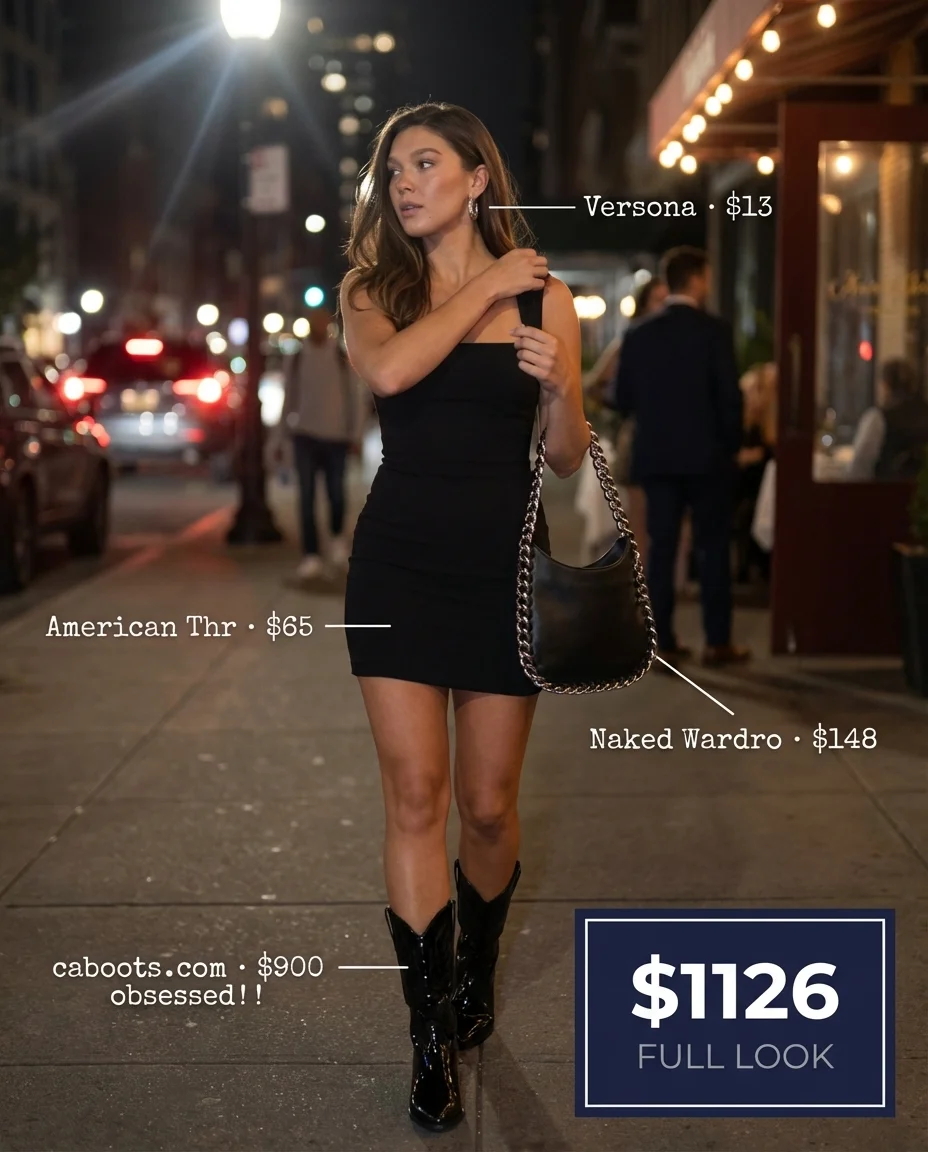 Edgy black bodycon mini dress with patent leather cowboy boots; a sophisticated take on summer cowgirl outfits 2026 for evening events.