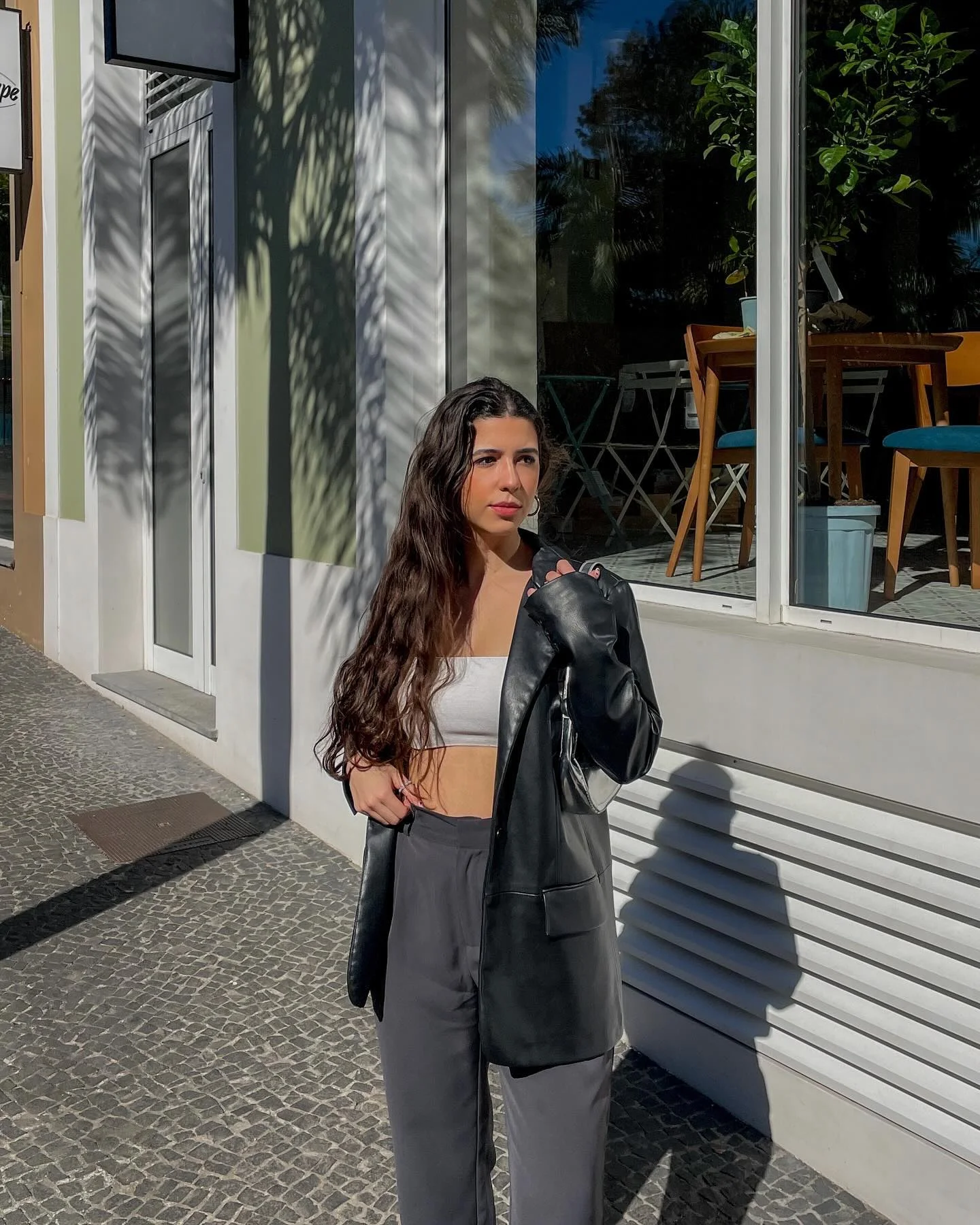 Edgy Black Leather Blazer With Grey Trousers