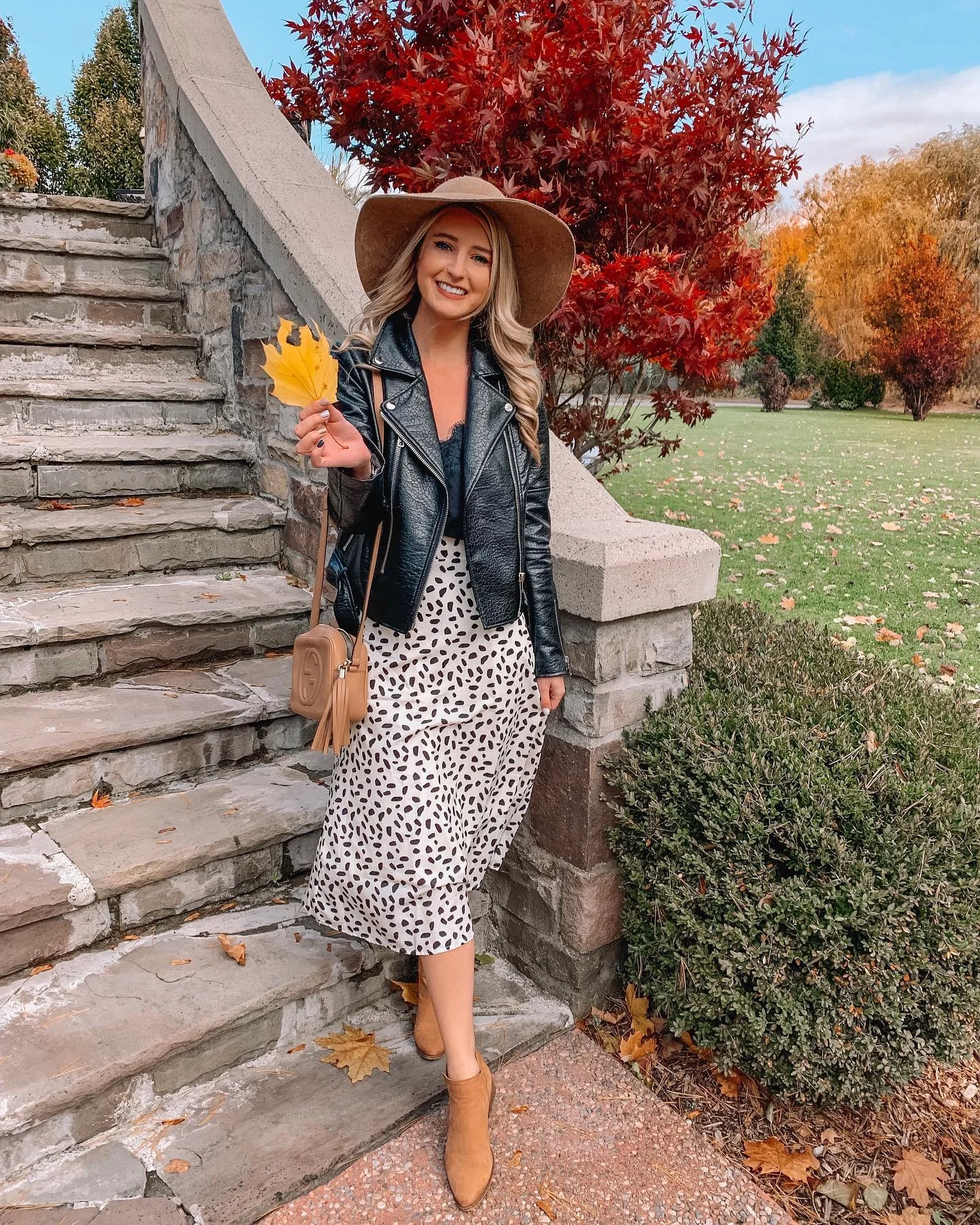 Edgy Moto Jacket With Leopard Midi Skirt