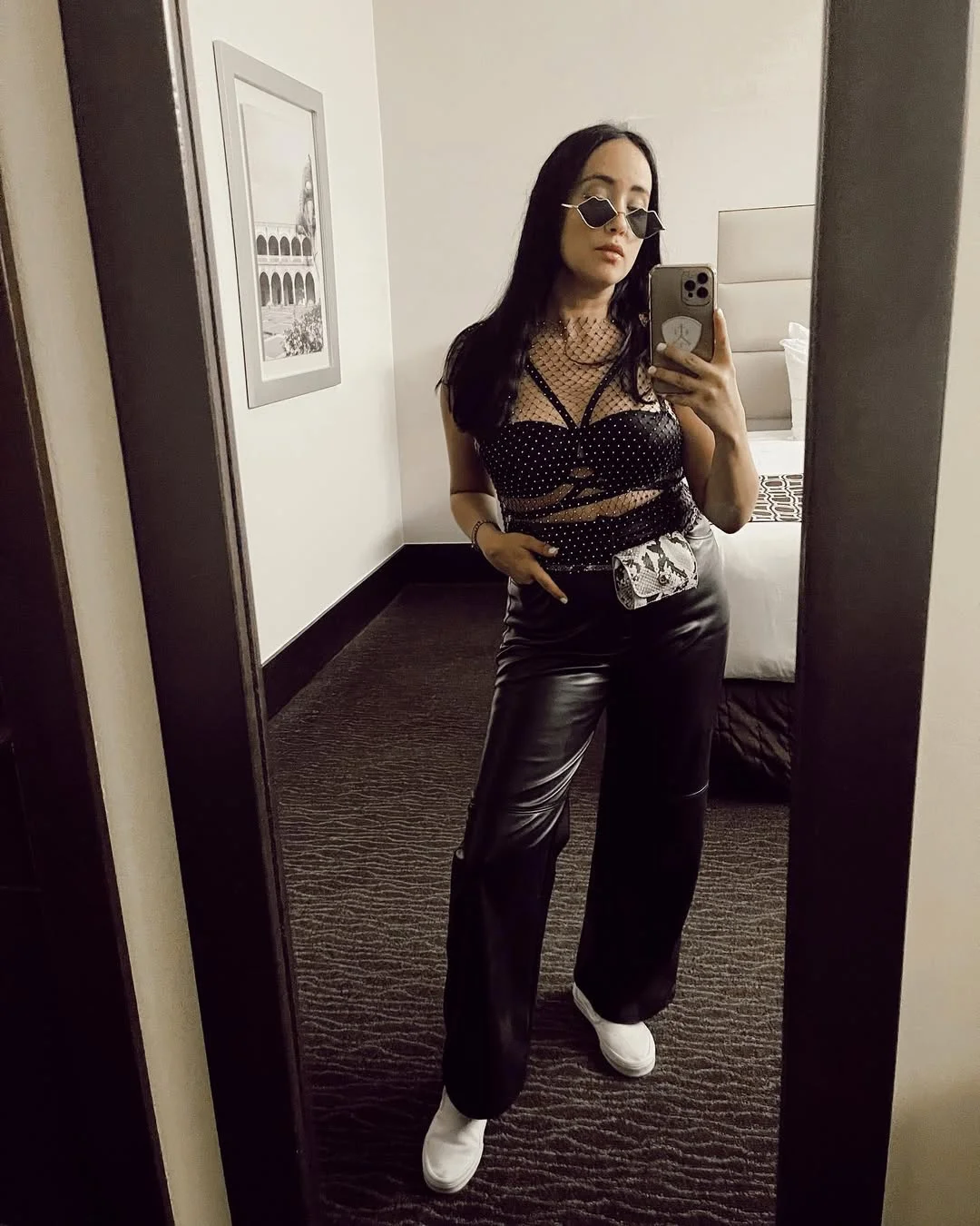 Edgy Rhinestone Mesh Top And Faux Leather Pants